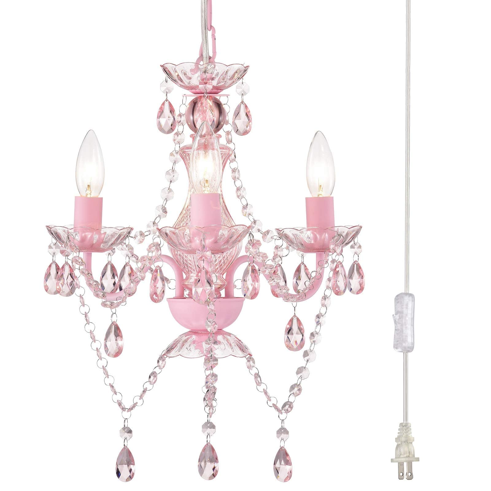 Plug in Chandelier Mini Crystal Chandelier Lighting 3 Light Hanging Light Fixtures Small Pink Chandelier for Girls Room
