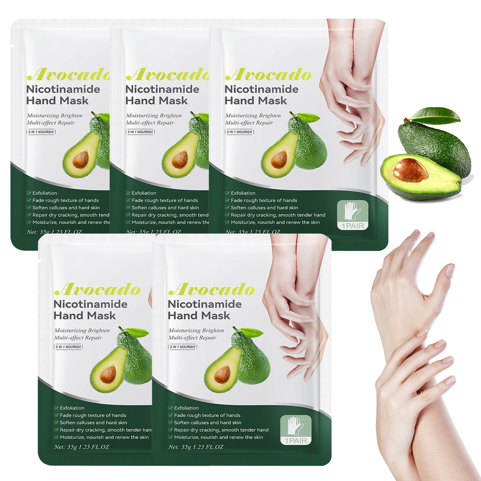 5 Paires Masques Hydratants et Exfoliants pour les Mains, Masque pour Mains A l'Extrait d'Avocat, Hand Mask, Hydrate Profondément la peau Endommagée, Pour Les Mains Sèches Vieillissantes et Gercées