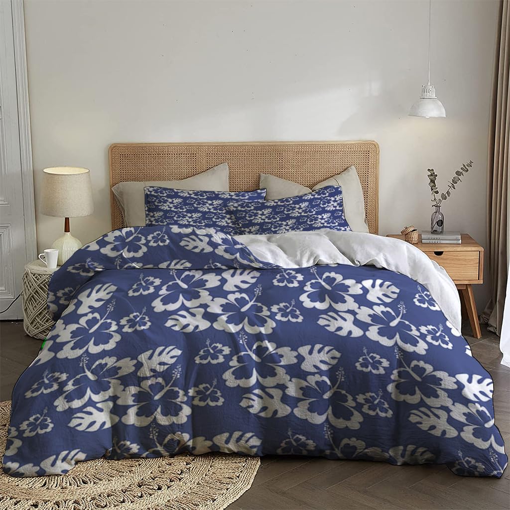 NIBAINLO 布団カバーハワイアントロピカルネイビーホワイトフラワーテーマ 肌に優しい ピーチスキン加工 掛け布団カバー 和式 洋式 あったか 布団カバーセット リバーシブル ホームステイ ホテル 家庭兼用