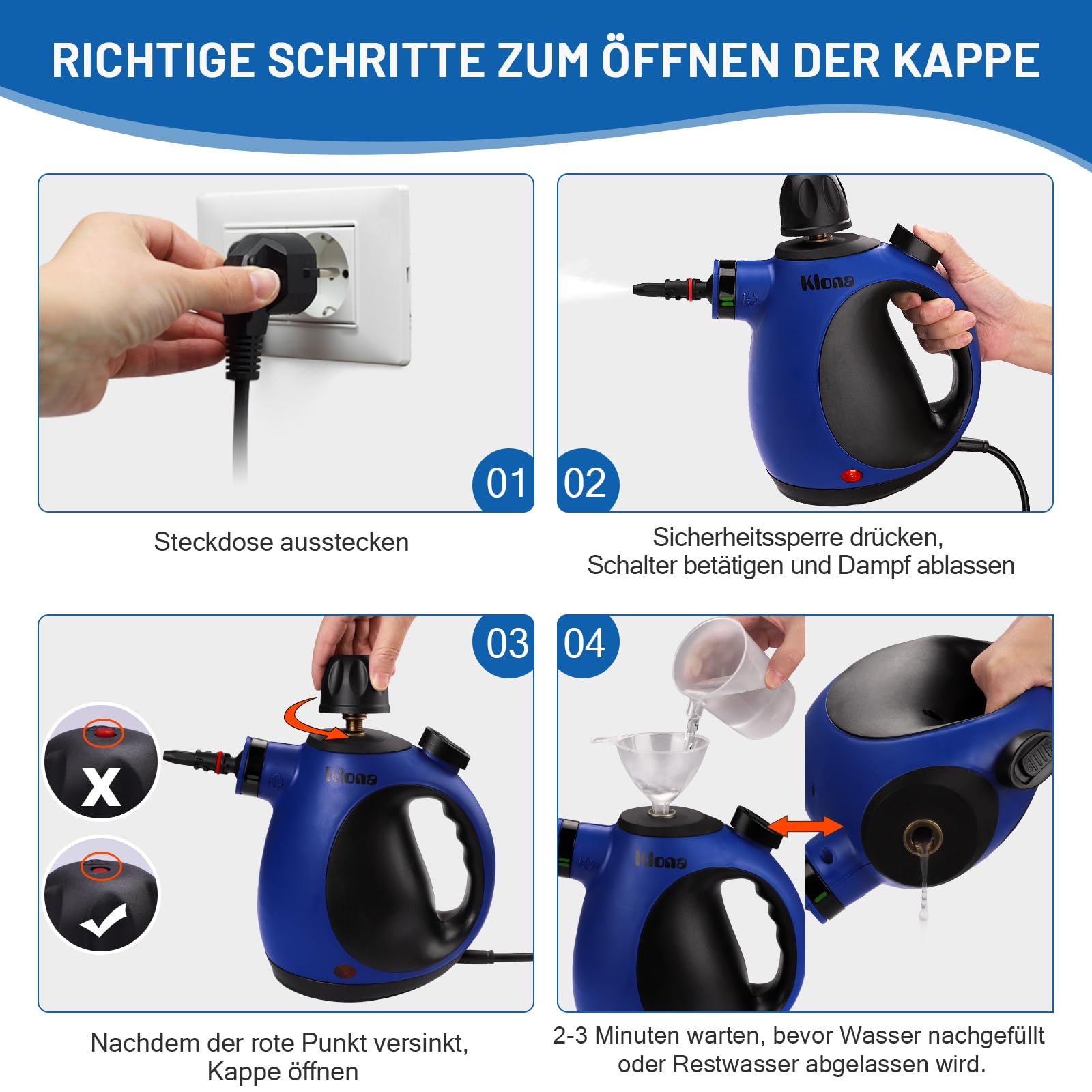 KLONA Dampfreiniger Handgerät, Steam Cleaner mit 10 Zubehör | für Teppiche, Fliesen, Sofas, Bad, Küche | Schmutz Bakterien Fett | 3 Min Schnellheizung | Dampfdruck: 3.2 bar | chemiefrei