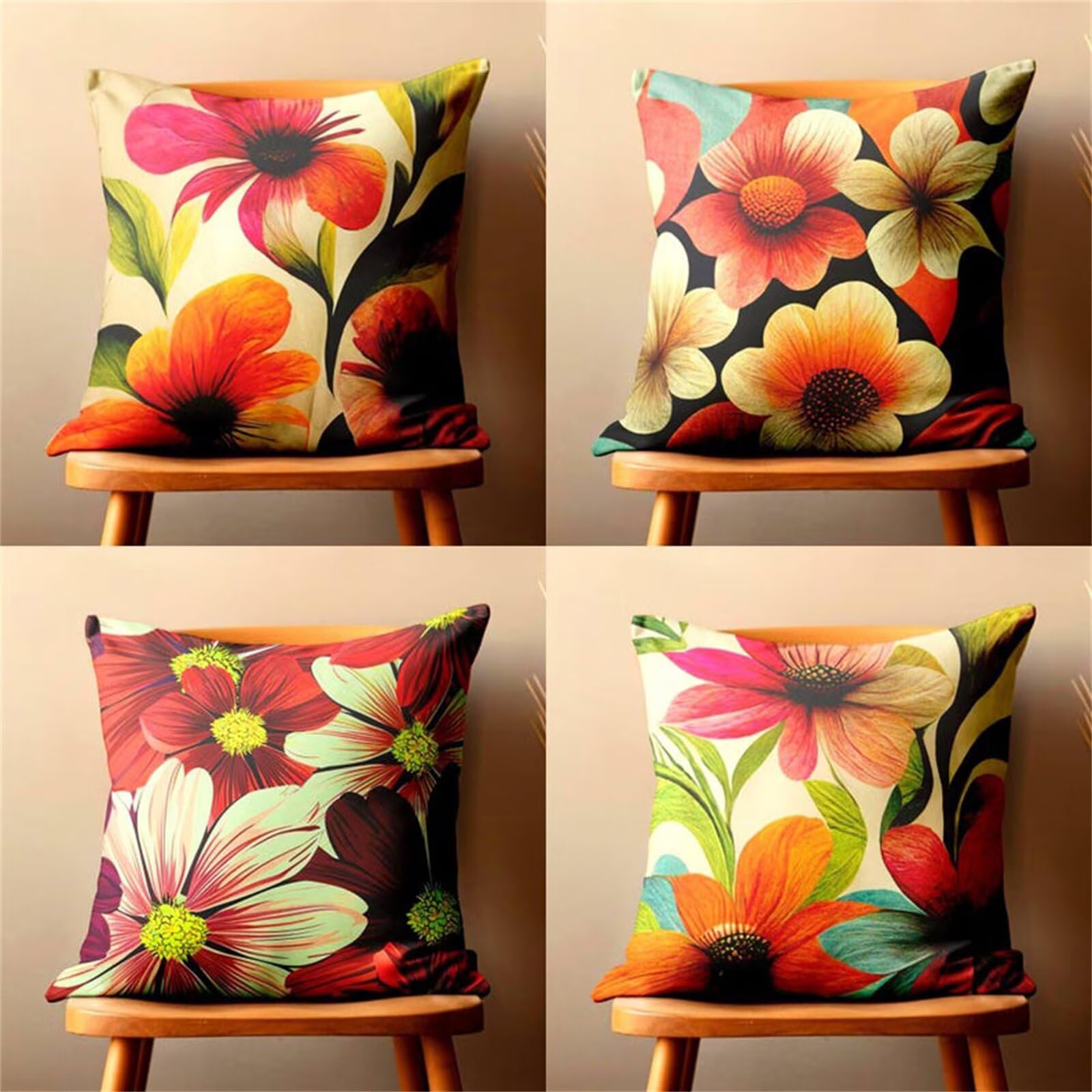 Lot de 4 housses de coussin en lin 30x30 cm à motif fleurs jaunes et rouges