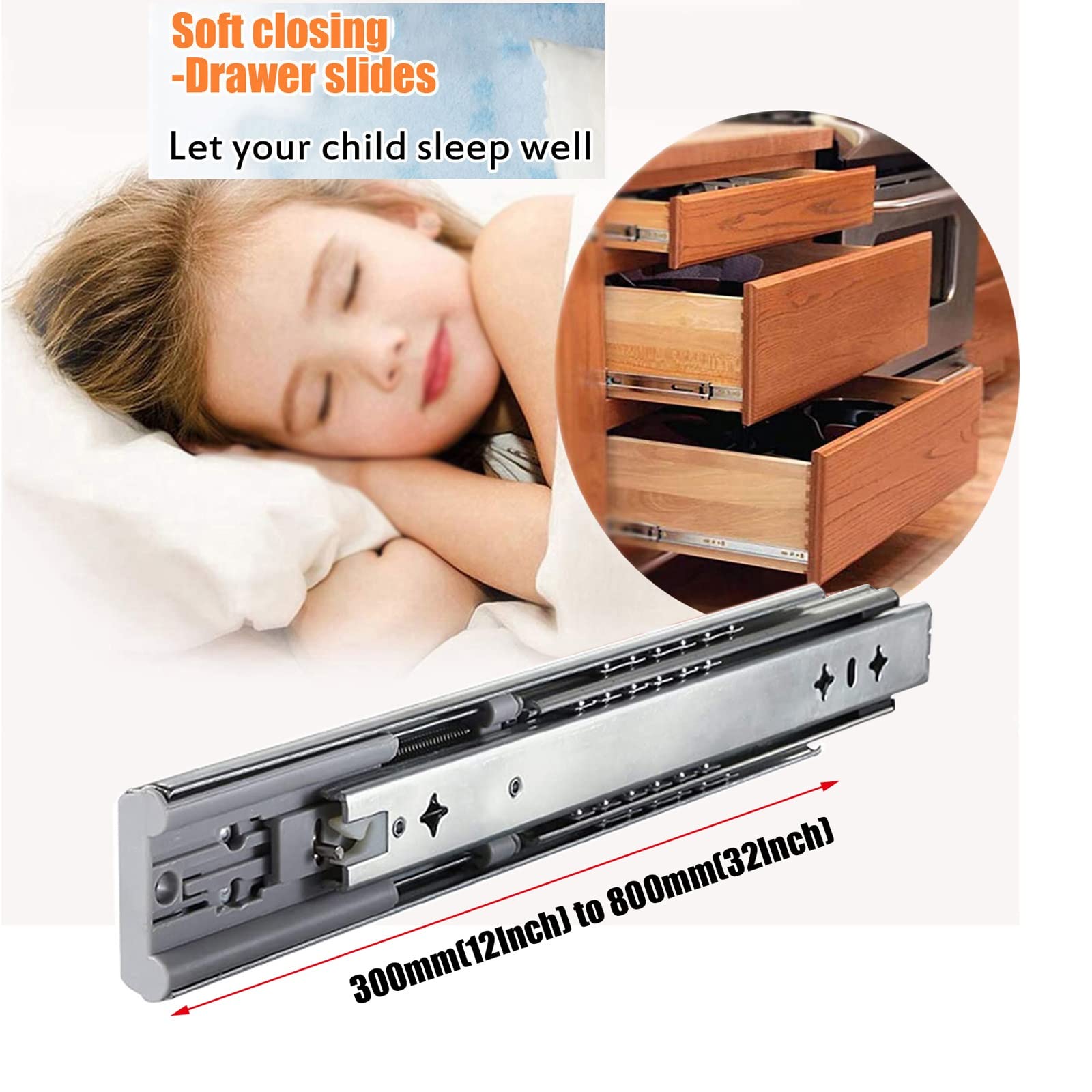 Guías para cajones de gabinetes 1 par de guías for cajones con rodamientos de bolas de alta resistencia, guías for cajones de gabinetes de cocina con cierre suave, metal resistente, deslizamiento suav