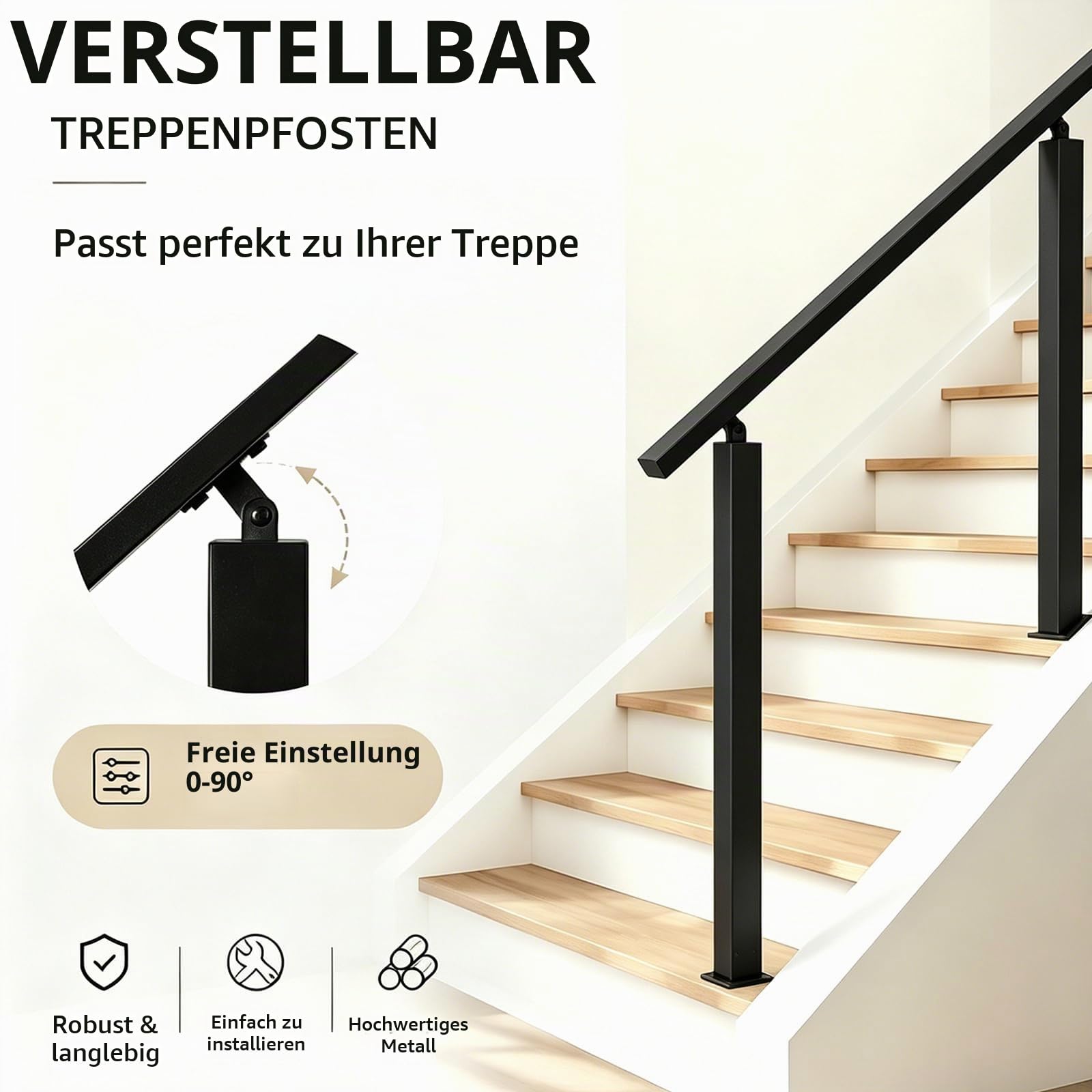 Treppengeländer Außen, Handlauf Schwarz, Winkelverstellbar, Geländer Treppe, Geländer außen, Metall Treppengeländer für Treppen Brüstung Balkon Veranda (Vertical mounting)