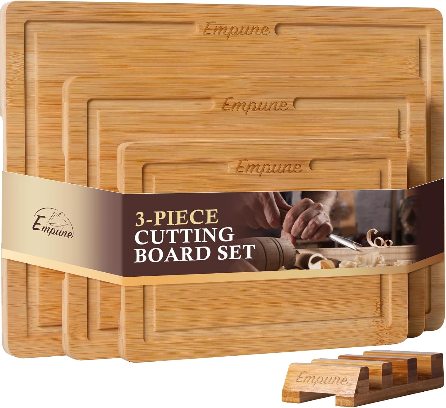 Empune Bamboo Cutting Board Set, Wood Cutting Boards for Kitchen with Holder Wooden Chopping Board for Meal Prep & Serving, Natural Bamboo
