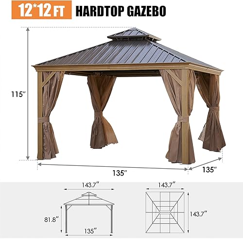 Miniatura 3 de Cenador permanente de 12 x 12 pies, con techo rígido de aluminio, con techo doble de acero galvanizado, con cortinas y malla para patio, patio
