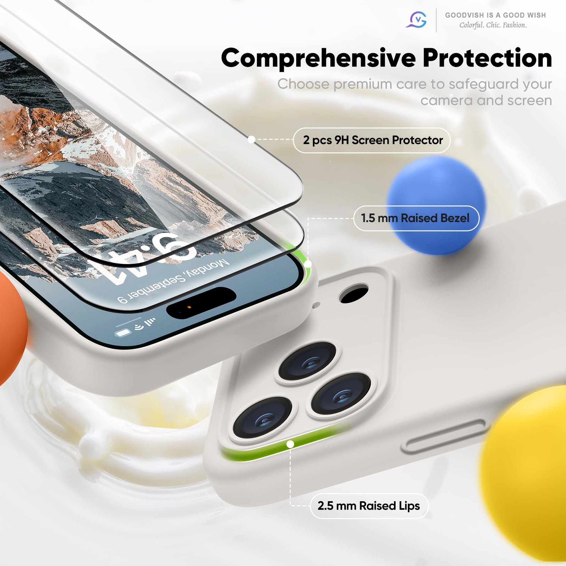 GOODVISH Silicone Cover per iPhone 17 Pro 6.3", Custodia con 2x Vetro Temperato [Pulsante Controllo Fotocamera] 360° Protezione Anticaduta Case per Cellulare Antiurto Resistente, Grigio Pietra