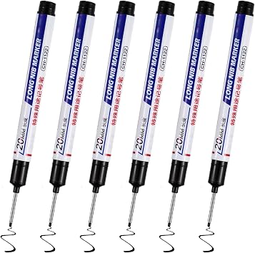 Bewudy 6PCS Long Head Deep Hole Marker Pens, Waterproof Construction Markers Marking Tool, Permanent Markers Carpenter Ink Marker Pens for Carpenters Builders Decoration Construction Black