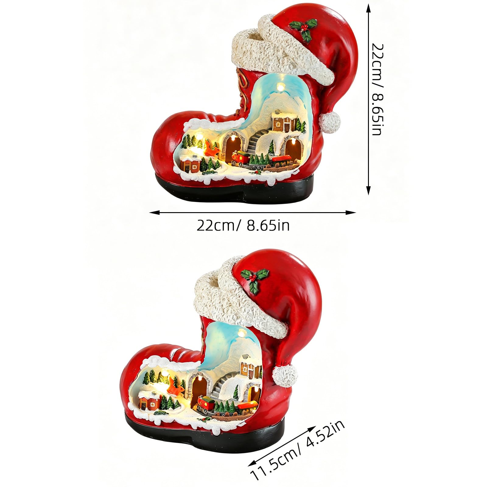 Toddmomy Carillon a Forma di Stivale di Babbo Natale con Villaggio Invernale Animato Illuminato e Trenino Rotante. Simpatico Carillon Natalizio, Ornamento da Tavolo o centrotavola per Le Feste.