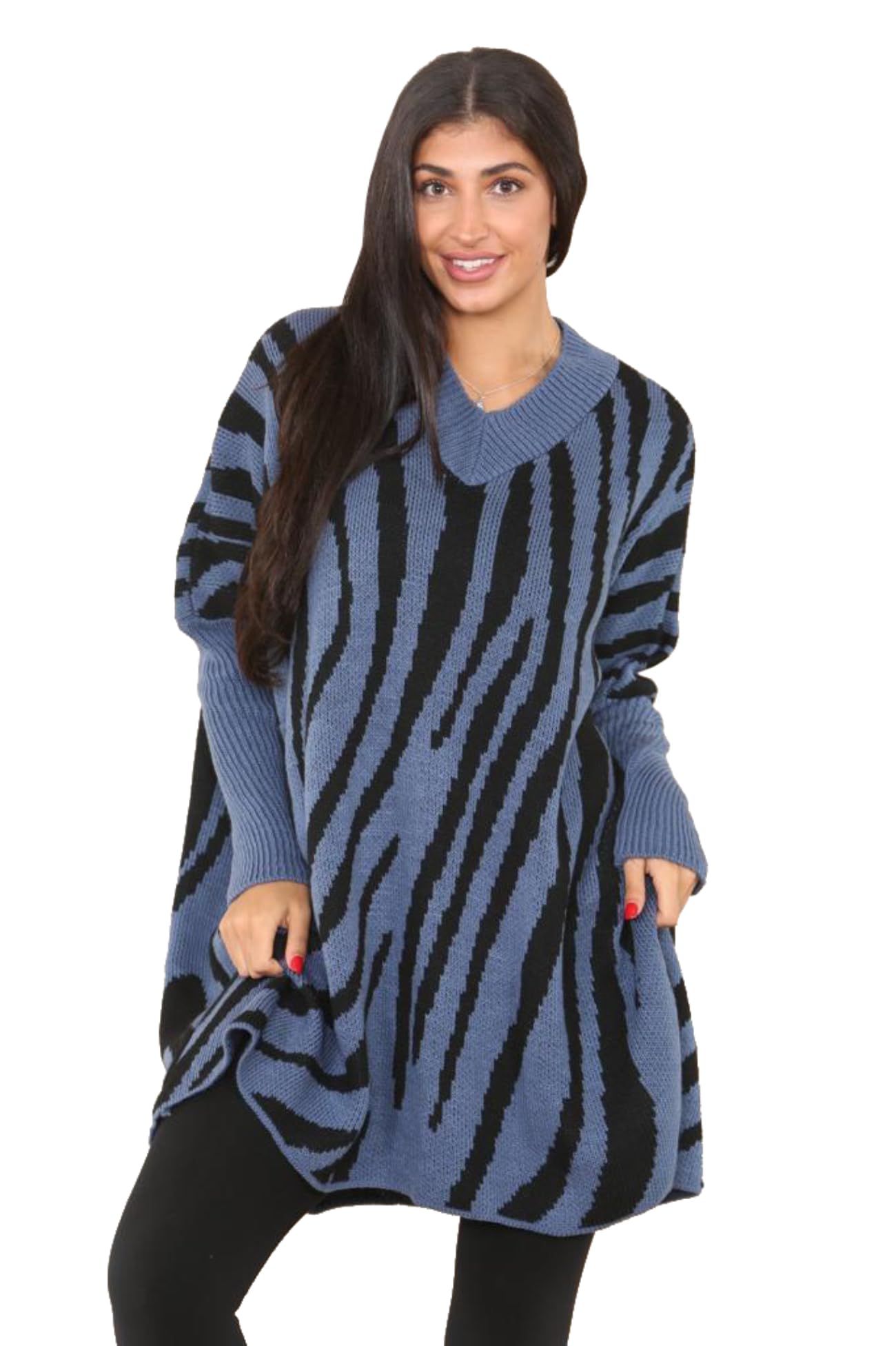 Fashion Fairies Women's Denim Oversized Tunic Small Zebra Print Knitted Jumper Plus Size Sweater Winter Fashion Pullover Sweatshirt Long Sleeve Tunic Casual Wear Baggy Jumpers ( Uk 24-26)