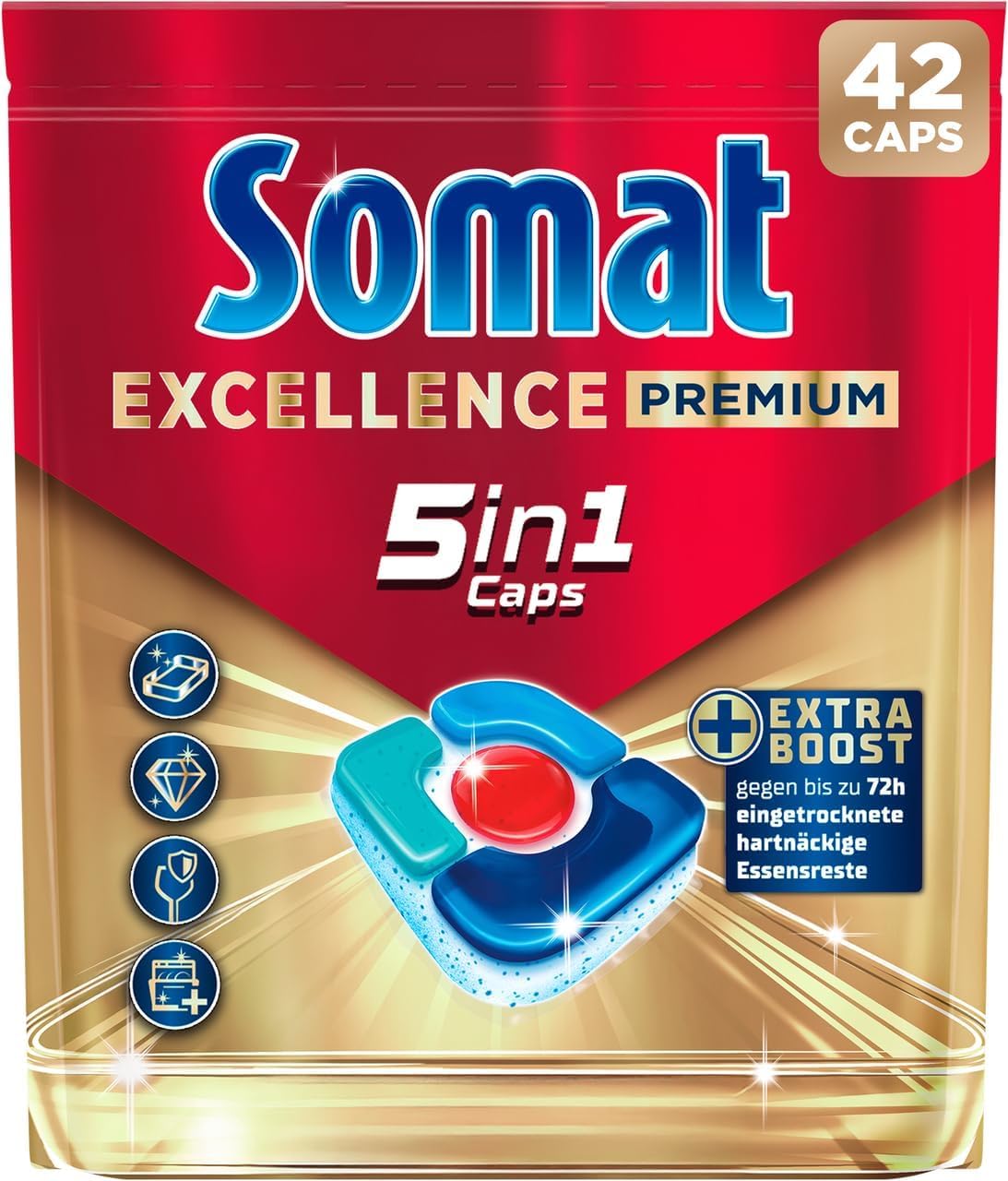 Somat Excellence Premium 5in1 Caps, 252 Caps (6x 42 Caps), schnellauflösende Spülmaschinentabs mit Extra Boost, Somat Caps entfernen selbst 72 h eingetrocknete, hartnäckige Essensreste