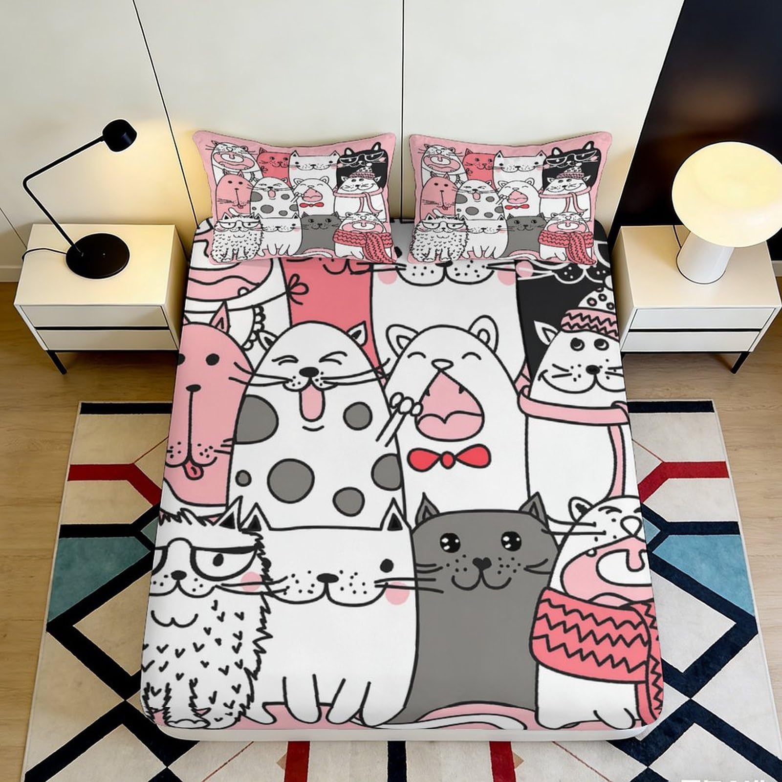 Uynsixtme Style-6 3D Printed Cat Design Fitted Sheet Microfiber Non-Slip Deep Pocket Cat Mattress Fitted Cover For Bedroom 200X200x25cm