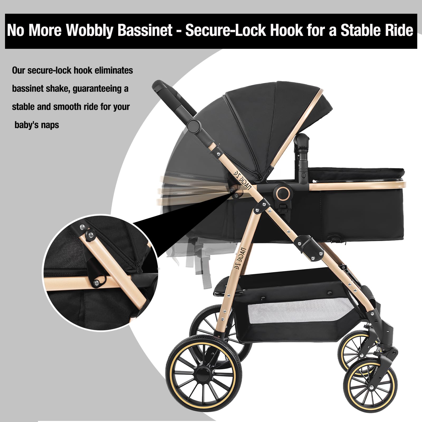Passeggino 3 in 1 con culla, sistema da viaggio per neonati e bambini da 1 a 4 anni, telaio in magnesio ispessito, imbracatura a 5 punti, culla con blocco di sicurezza, carrozzina reversibile (nero) e