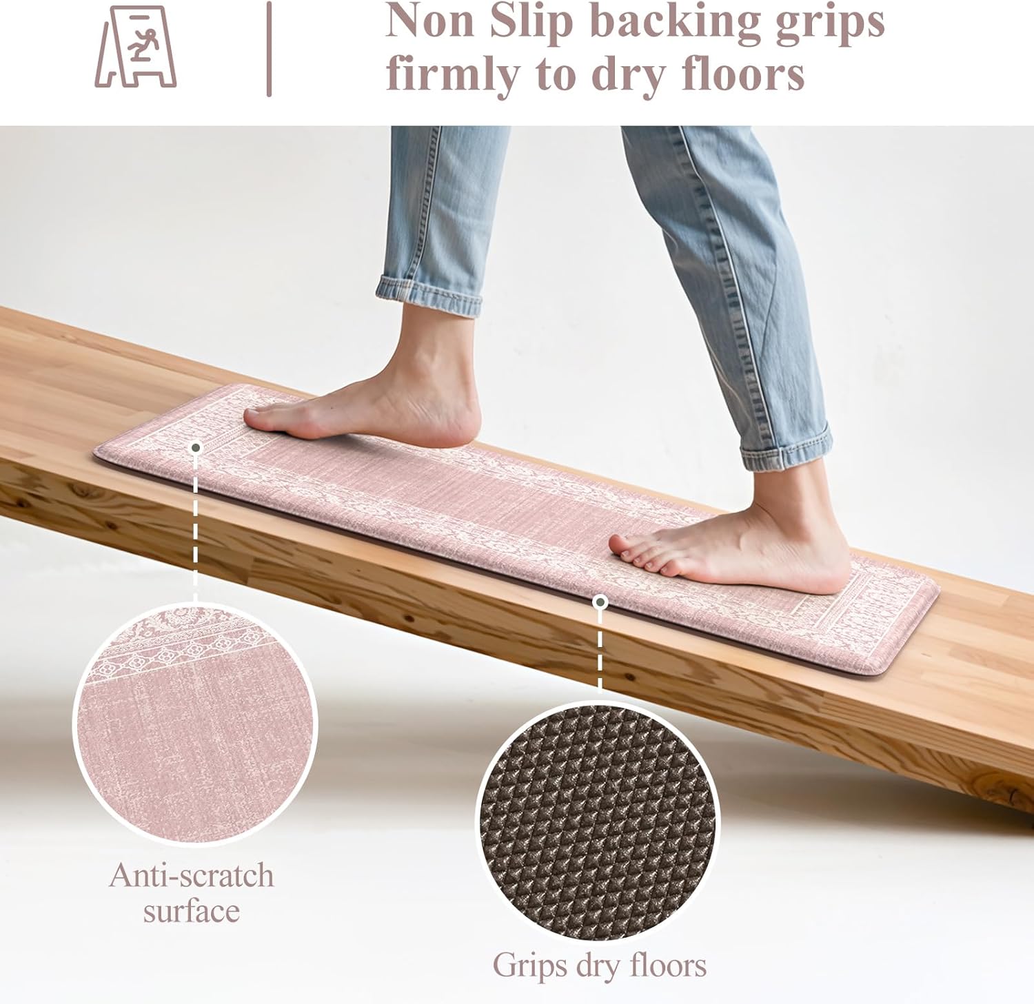 LEEVAN Pink Kitchen Mat Sets of 2,Anti Fatigue Cushioned Memory Foam Kitchen Mats for Floor,Farmhouse Ergonomic Waterproof Cute Boho Kitchen Floor Mat,Sink,Laundry,Home,Office(17''x29''+17''x47'')
