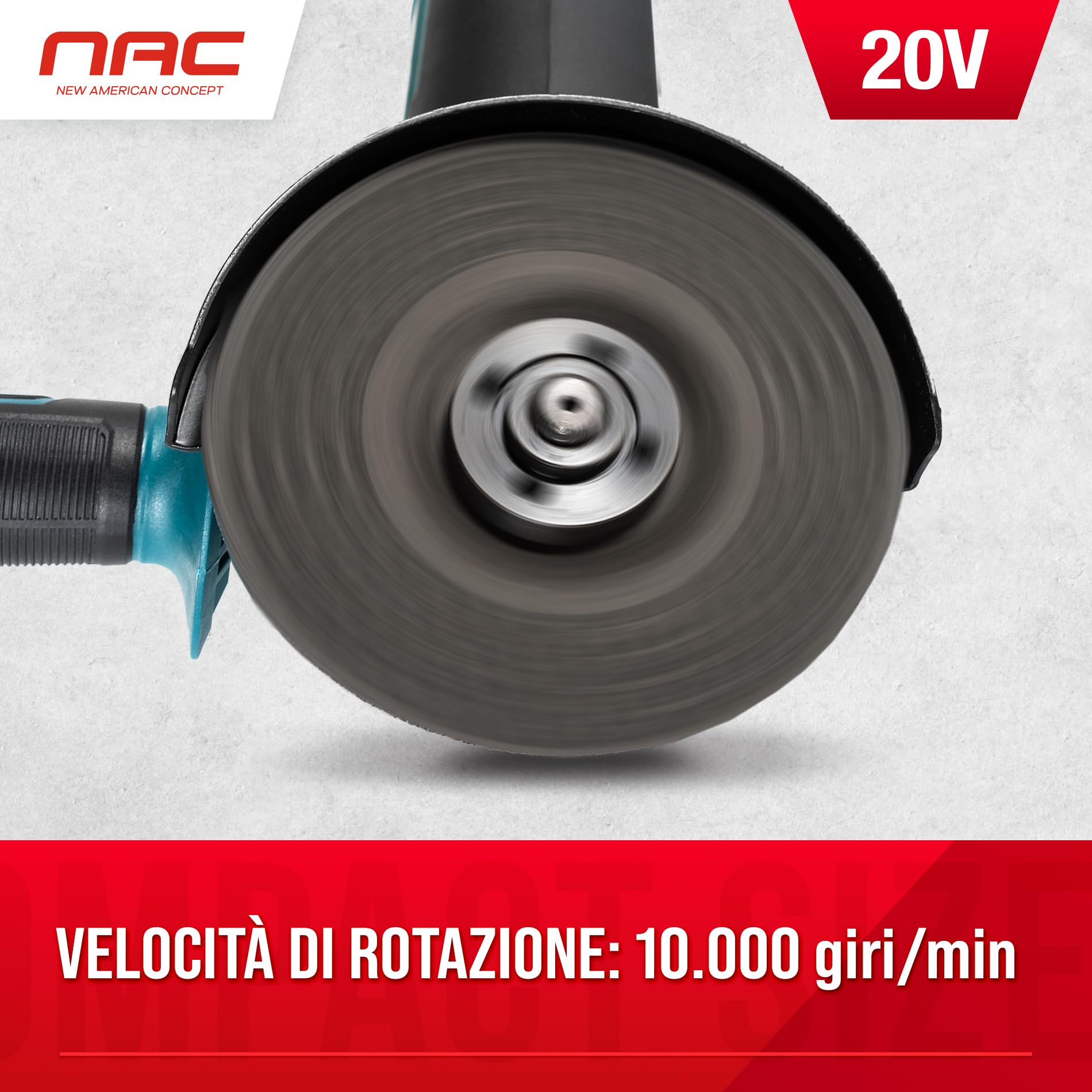 NAC NEW AMERICAN CONCEPT NAC, akumulatorowa szlifierka kątowa 20 V, akumulator 4 Ah, litowo-jonowy, tarcze 125 mm, prędkość obrotowa 10 000, osłona szyby, zielona