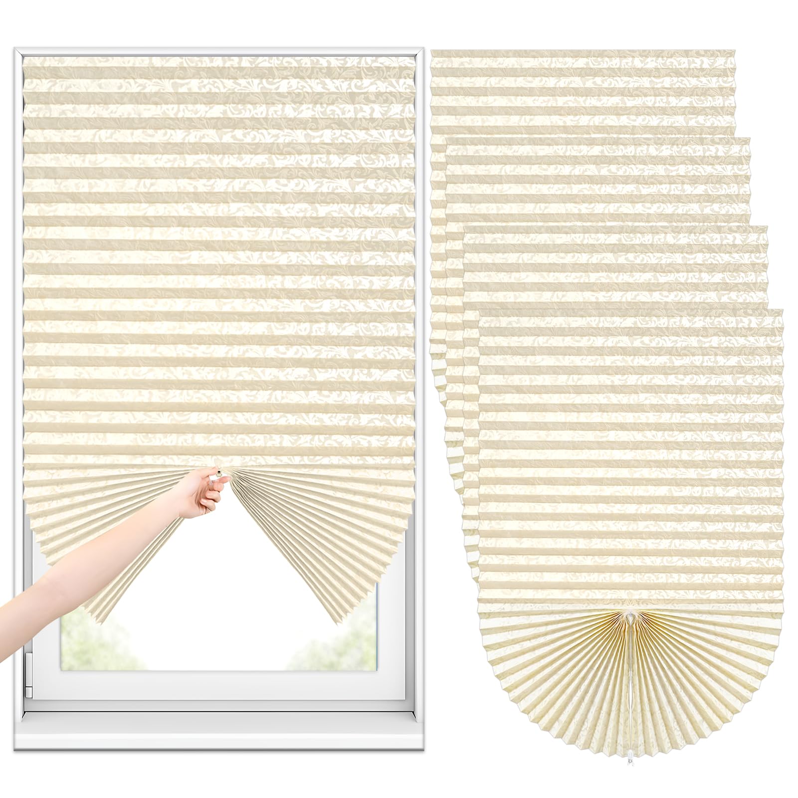 Sneulletoys 4pk No Drill Blinds for Windows,Temporary Patterned Blind,Easy Fit Self Adhesive Pleated Blinds Crop According to Size,Stick on Blind for Kitchen Bathroom Bedroom (Yellow, 60W x 150H cm)