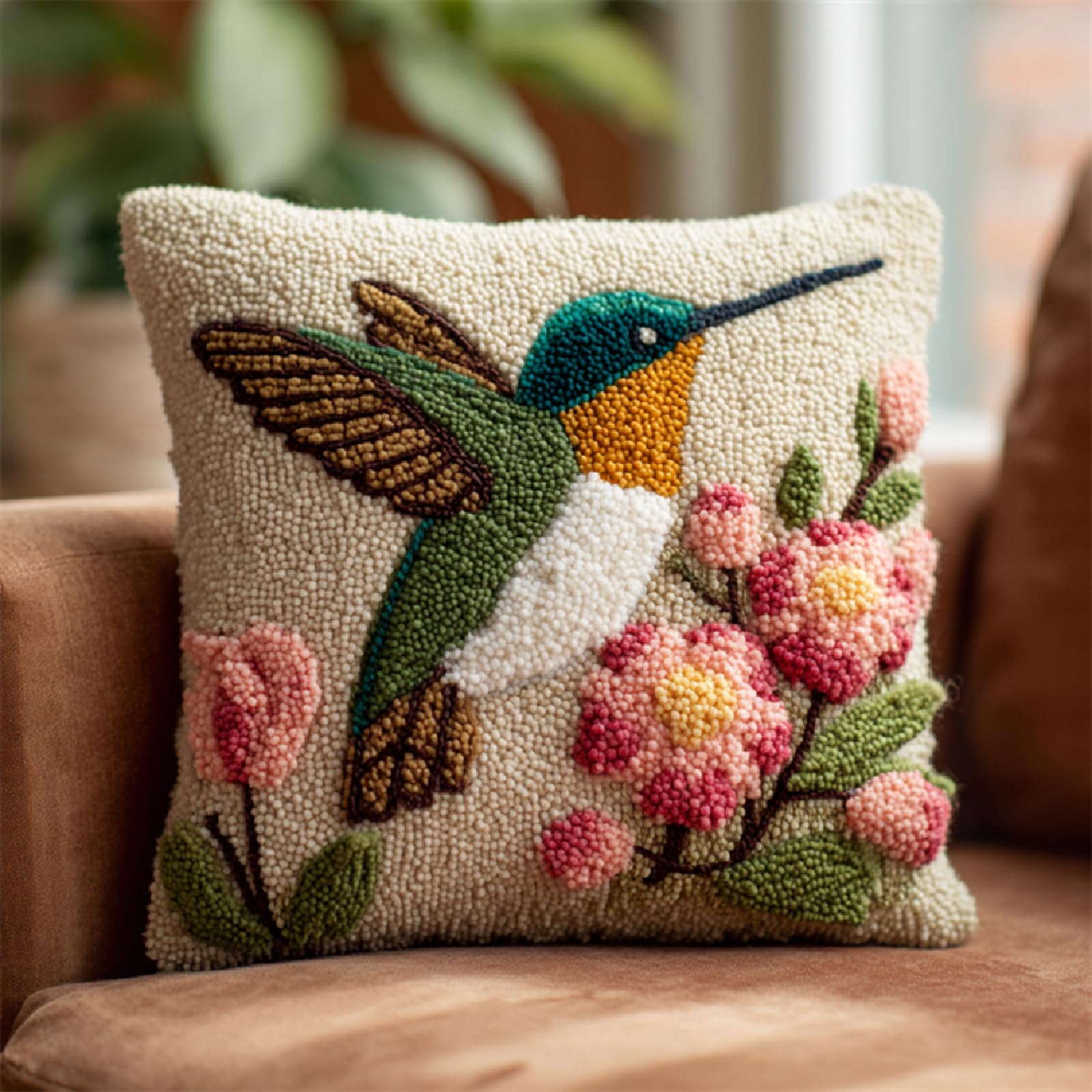 XDEGHUANGSS DIY Latch Hook Kits Flowers and Birds Cushion Cover Pattern Printed Crochet Needlework Crafts for Kids Adults and Beginners Family Decoration 17x17 in