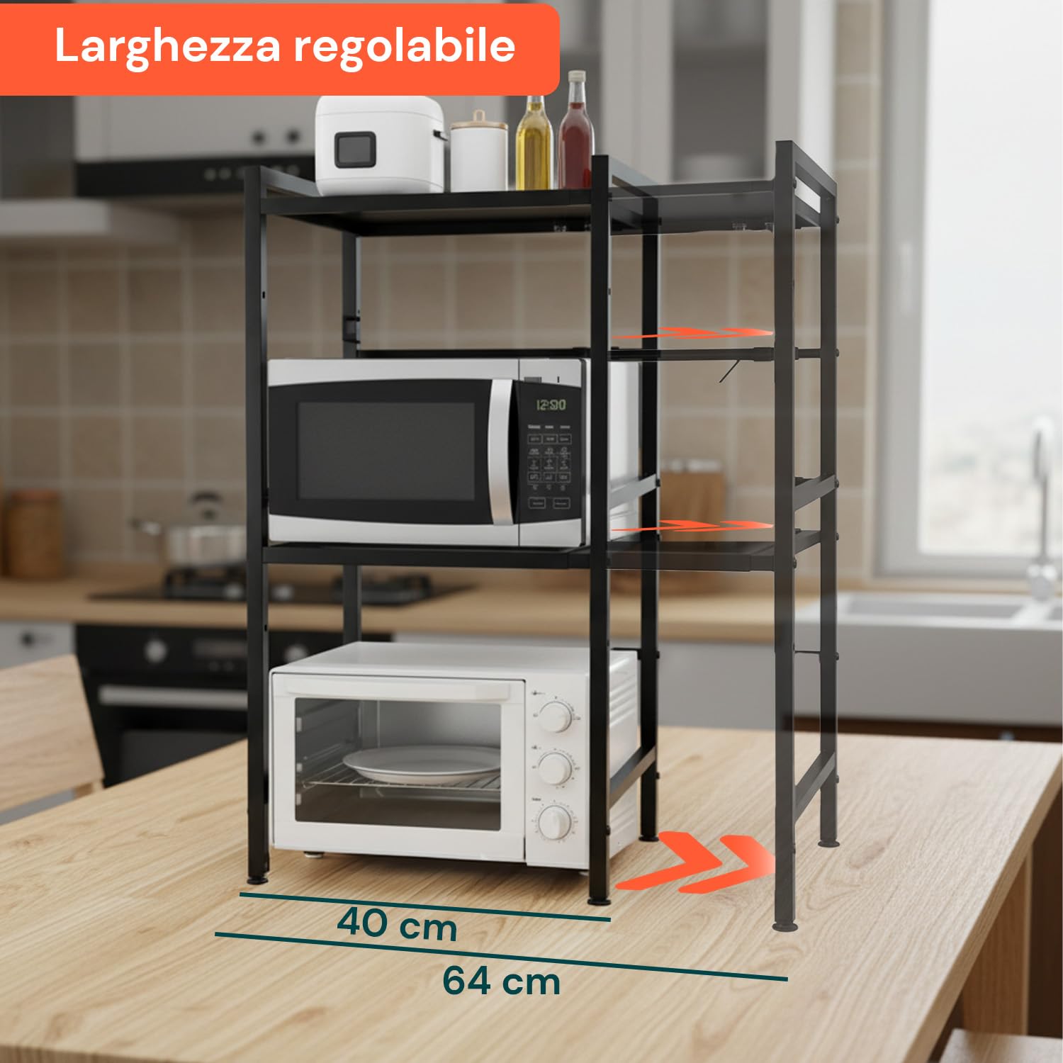 Avilia – Scaffale a 3 Ripiani, 25kg Espandibili e Regolabili, Cucina Microonde, Organizer Spezie Utensili Elettrodomestici, 6 Ganci Laterali Salvaspazio Dispensa Lavanderia Acciaio