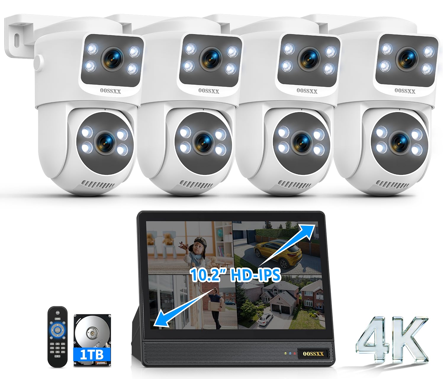 4K Dual lens PoE Security Camera System, 8CH NVR with 10.2" IPS Monitor