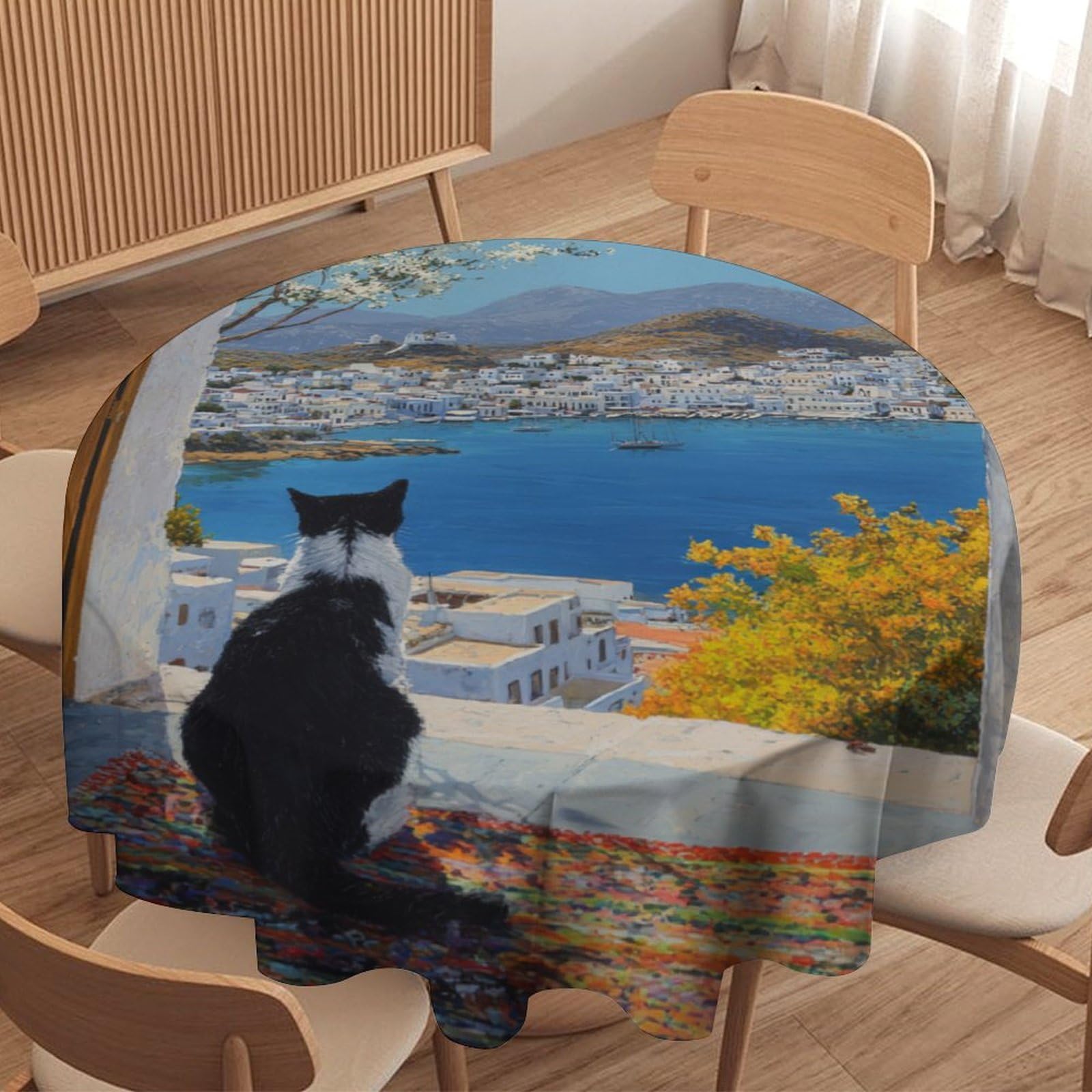 LUYYSKY Classic Beautiful Cute Cat Waterproof Round Tablecloth Colorful Watercolor Nautical Seaside White Floral Animal Kitten Washable Table Cover for Kitchen-177.8" Wx177.8 L cm