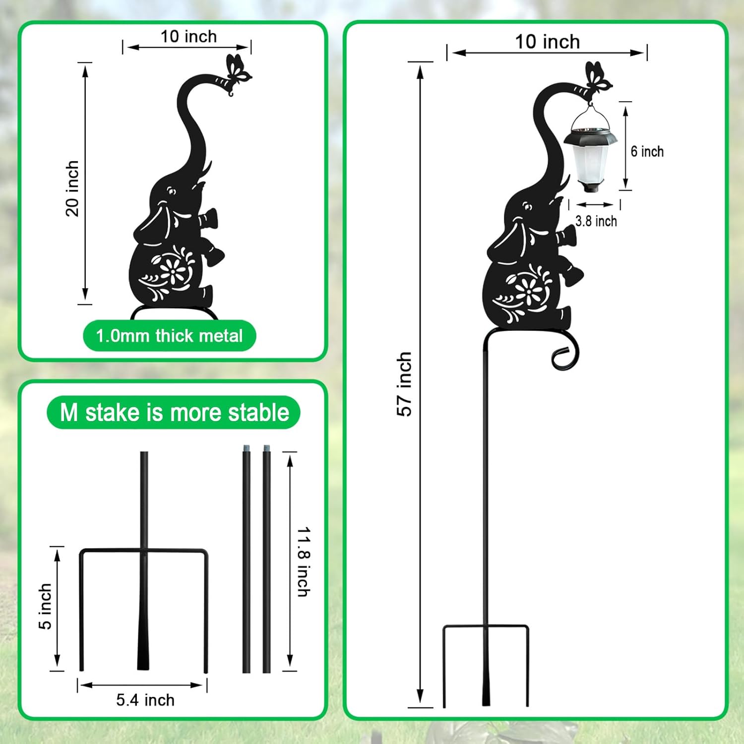 Metal Elephant with Solar Lantern Garden Stake,Garden Lights Solar Powered, Outdoor Decorations for Yard (Black Elephant)