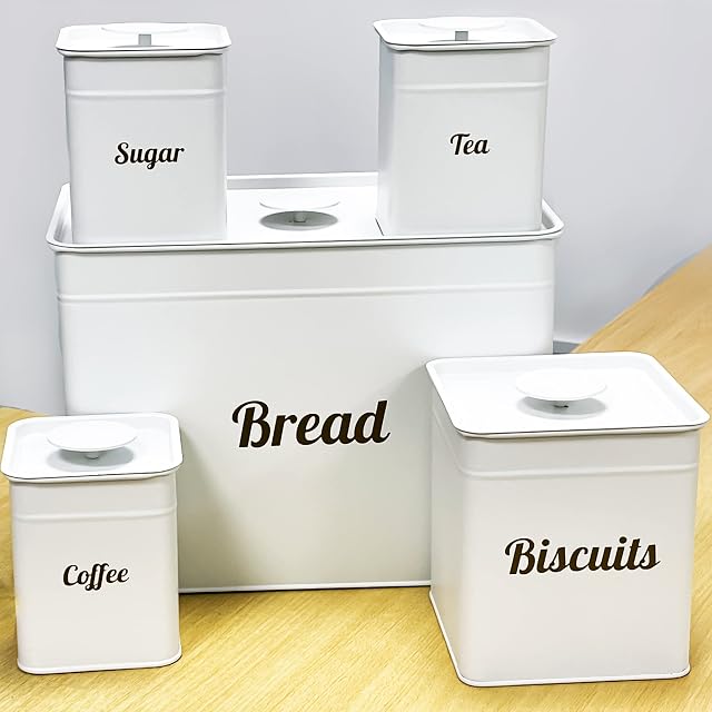 Crystals BB95 Bread Bin, 5pc Canister Set for Bread, Tea, Coffee, Sugar & Biscuits - Matte, White