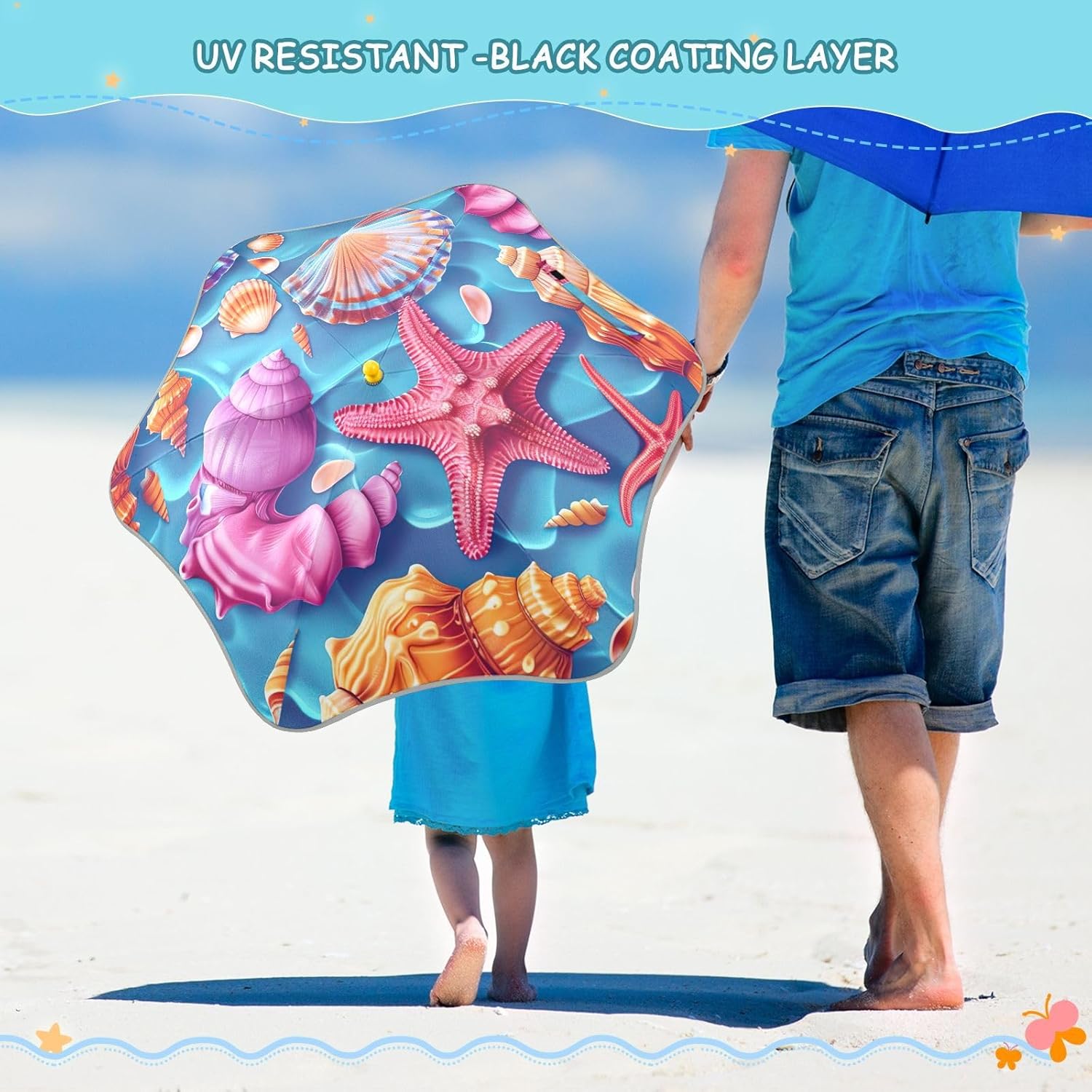 ODAWA Vintage Seashell Blue Kid Umbrellass Unbreakable Stick Rain Umbrella Portable Umbrellas for Rain