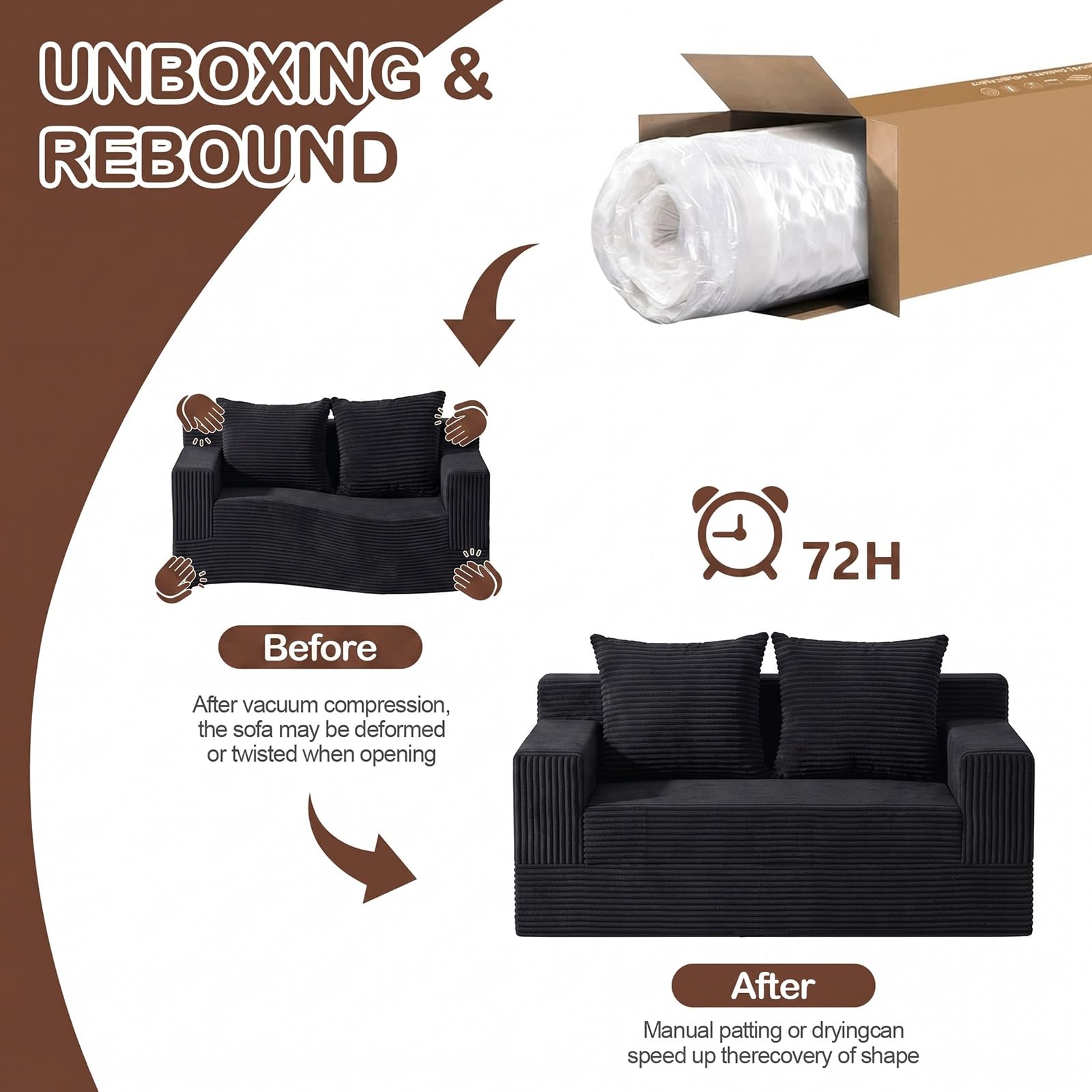 Boneless Loveseat Couch Folding Sofa Bed, Foldable Floor Futon Sleeper Couch Bed - Convertible Sofa Bed, Corduroy Pull Out Sofa Bed with 2 Pillows for Living Room & Bedroom