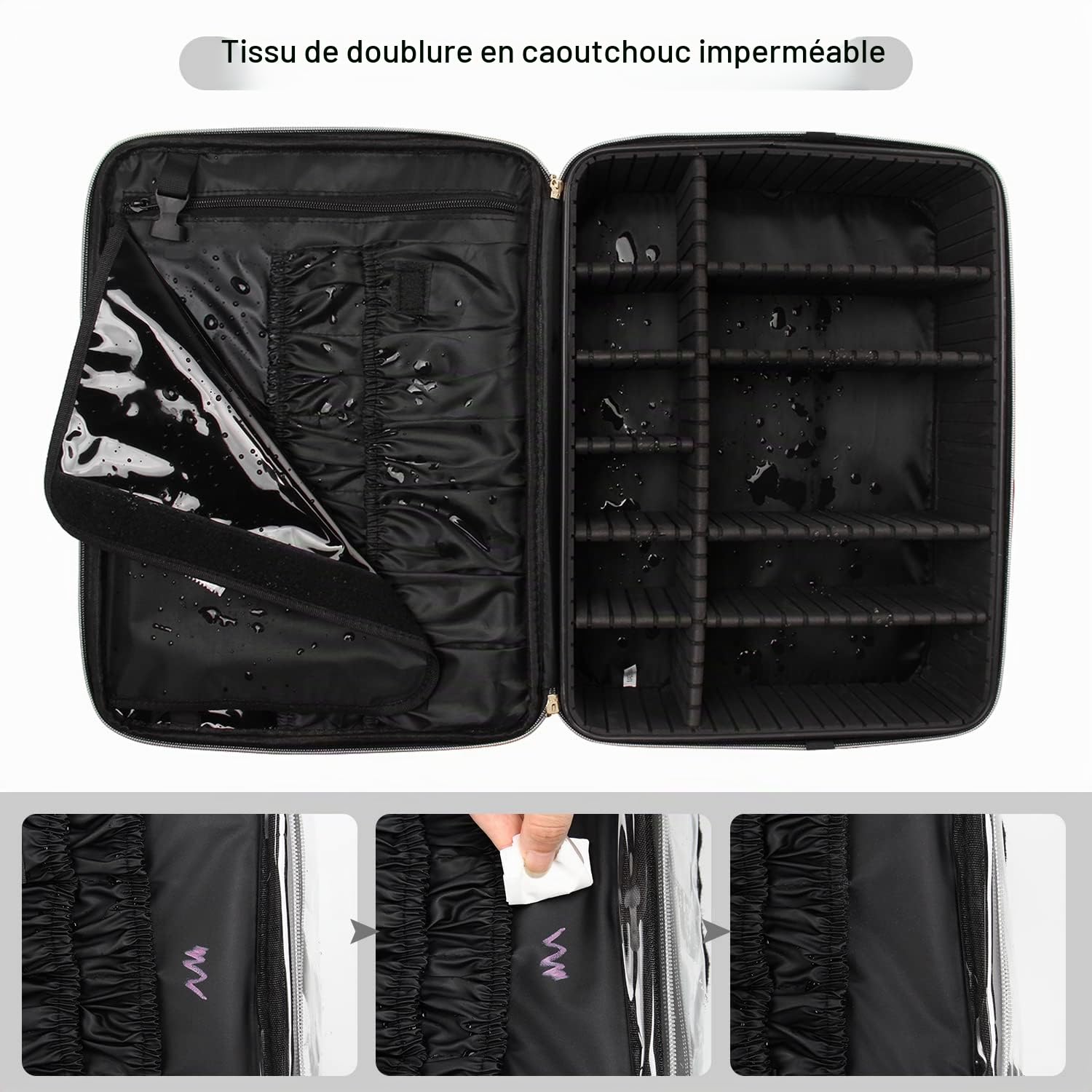 Relavel Trousse de maquillage professionnelle extra large pour les voyages et les maquilleurs, portable avec compartiments réglables, port pour chariot et bandoulière, noire