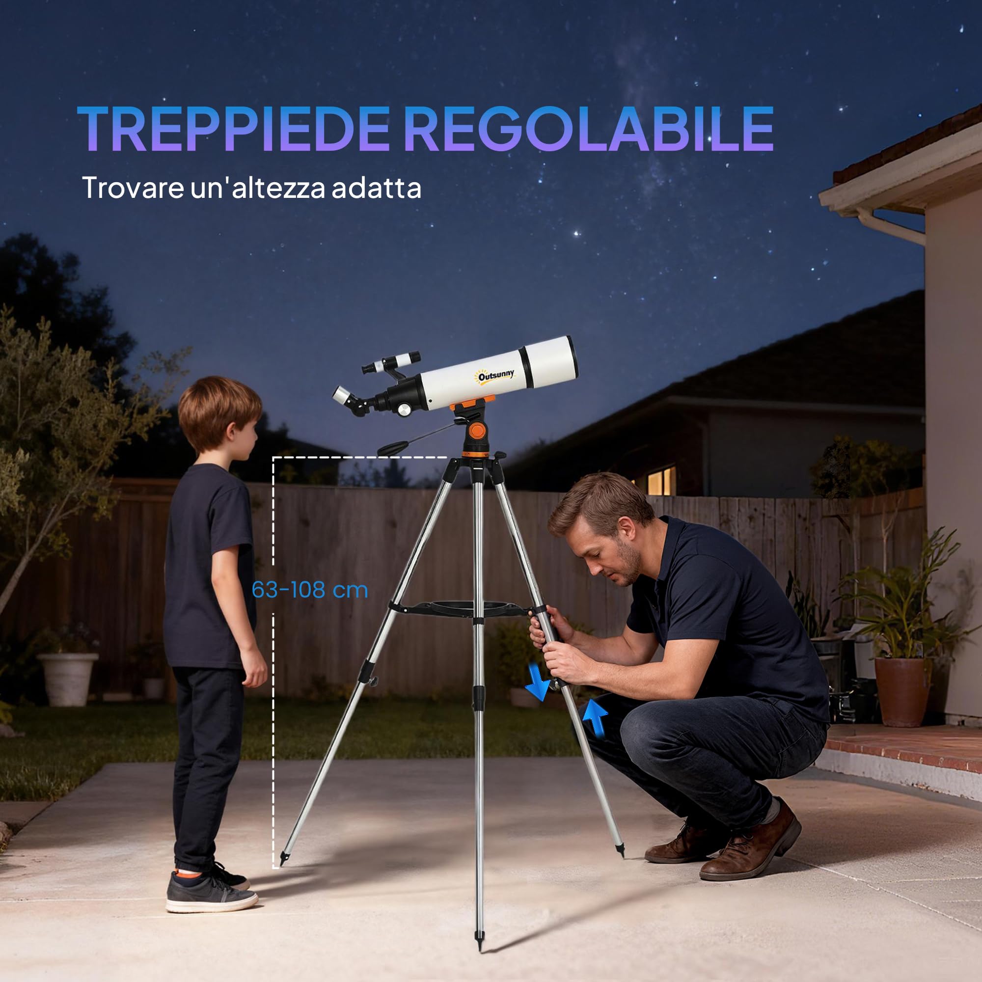Outsunny Telescopio Astronomico con 80mm Apertura/500mm, 40X/16X Telescopio Rifrattore Portatile con Adattatore Telefono, Borsa da trasporto, Treppiede Regolabile in Altezza per Adulti, Bianco e Nero