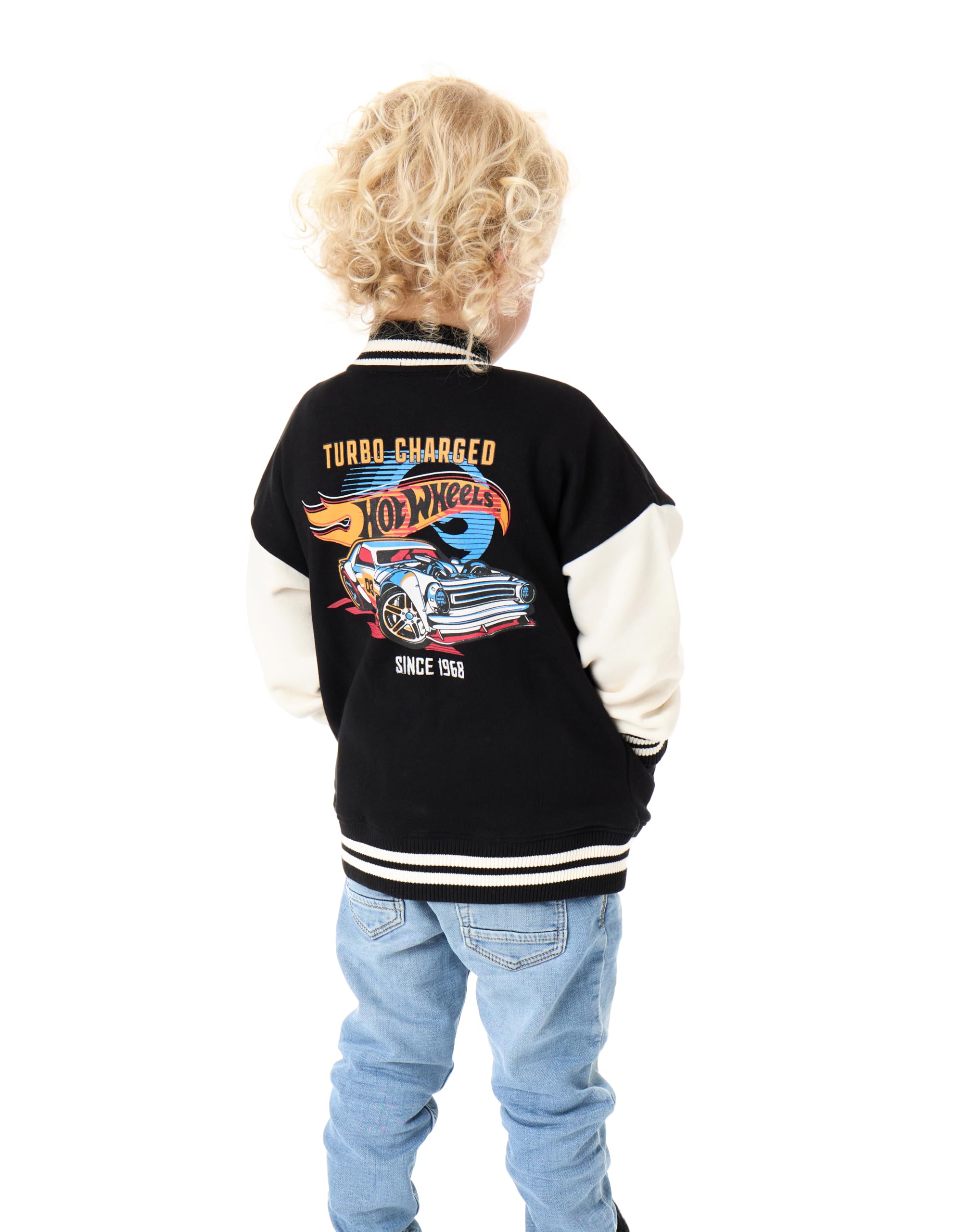 Hot Wheels Giacca Bomber per Bambini | Giacca Varsity con Stampa Grafica Logo Fiamma Nero per Bambini | Giacca per Bambini con Stampa Auto da Corsa Turbo con Cerniera