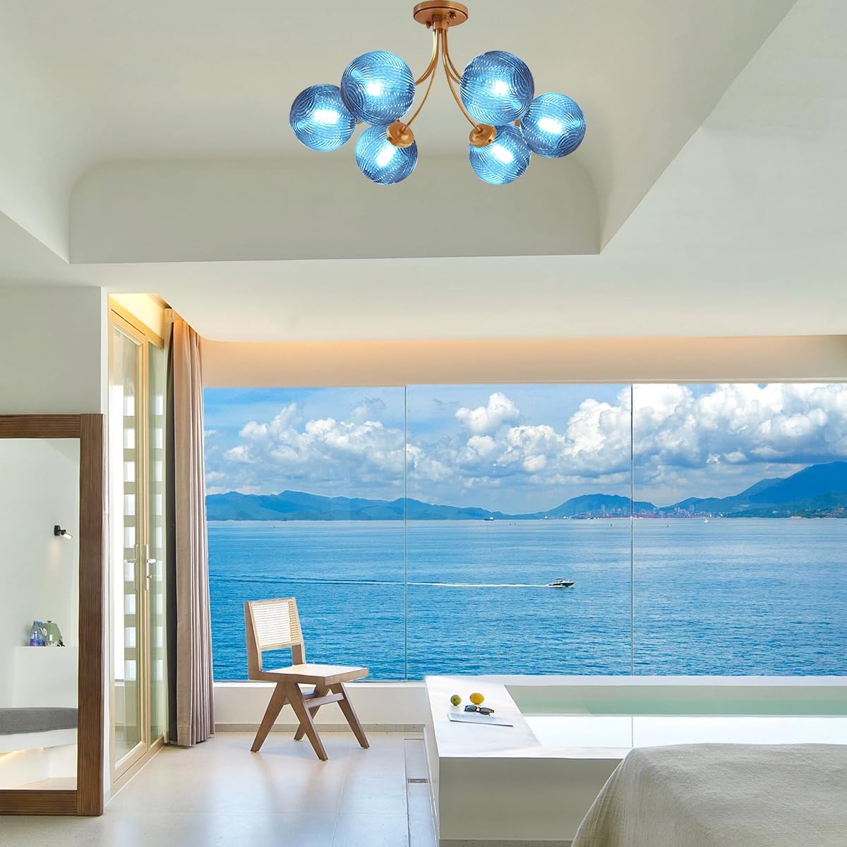 Blue Glass Ceiling Light Brass Gold Pendant Light Modern Globe Chandelier Vintage Sputnik Hanging Chandeliers Gold Pendant Light Fixtures for Dining Room Kitchen Living Room Bedroom