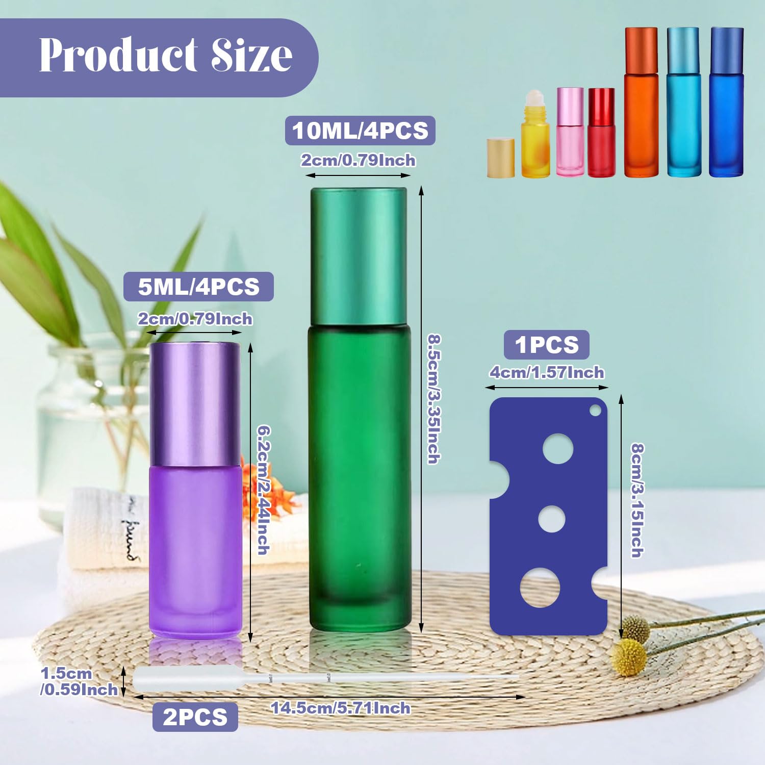 8 bottiglie di vetro Roll on per olio essenziale, riempibili, con pipetta, 10 ml, 5 ml, colori vari, per profumi, massaggi