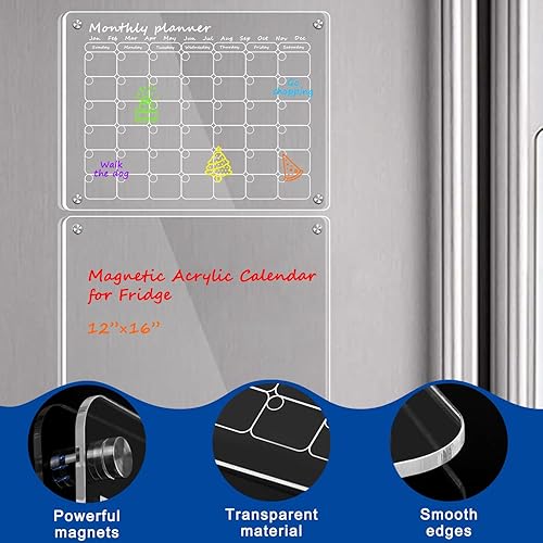 Miniatura 3 de Calendario acrílico magnético para refrigerador, paquete de 2 calendarios transparentes de 12 x 16 pulgadas, juego de tablas de planificación