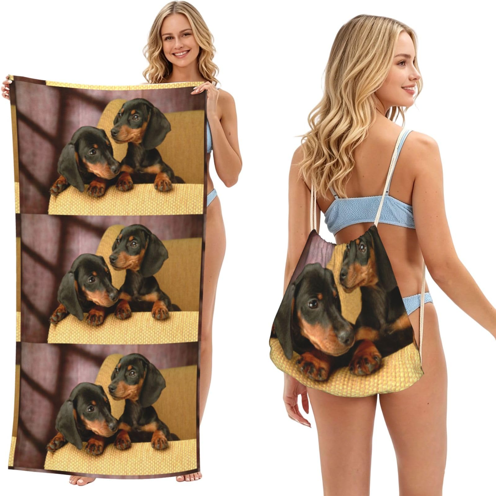 Poadnly As Picture Dachshund Puppies Pets Dogs Small Dachshund, 2 In 1 Packable Towel Bag, Beach Towels With Drawstring Backpack For Travel Holiday Camping