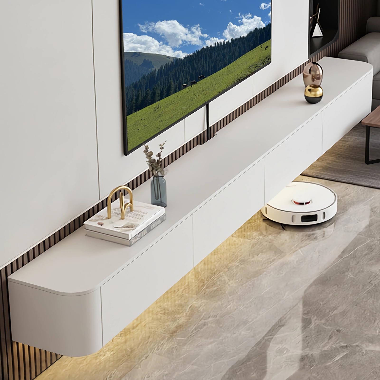 Coigrse Floating TV Stand Cabinet Wall Mounted Entertainment Center Media TV Console Storage Shelf with Flip-Down Doors & Drawers for Living Room