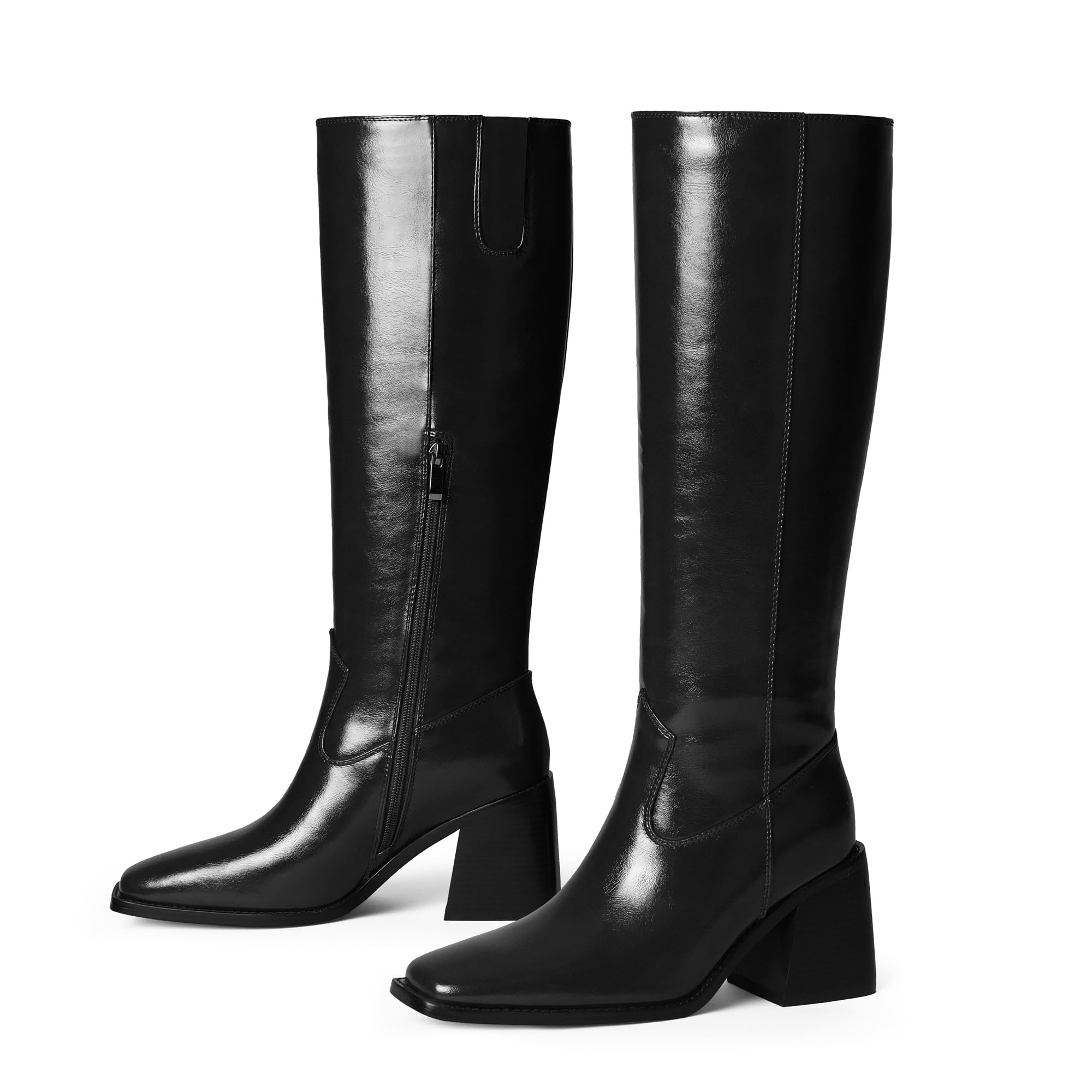 Women Knee High Boots Low Chunky Block Heel Square Toe Faux Leather Fall Long Tall Dress Boot with