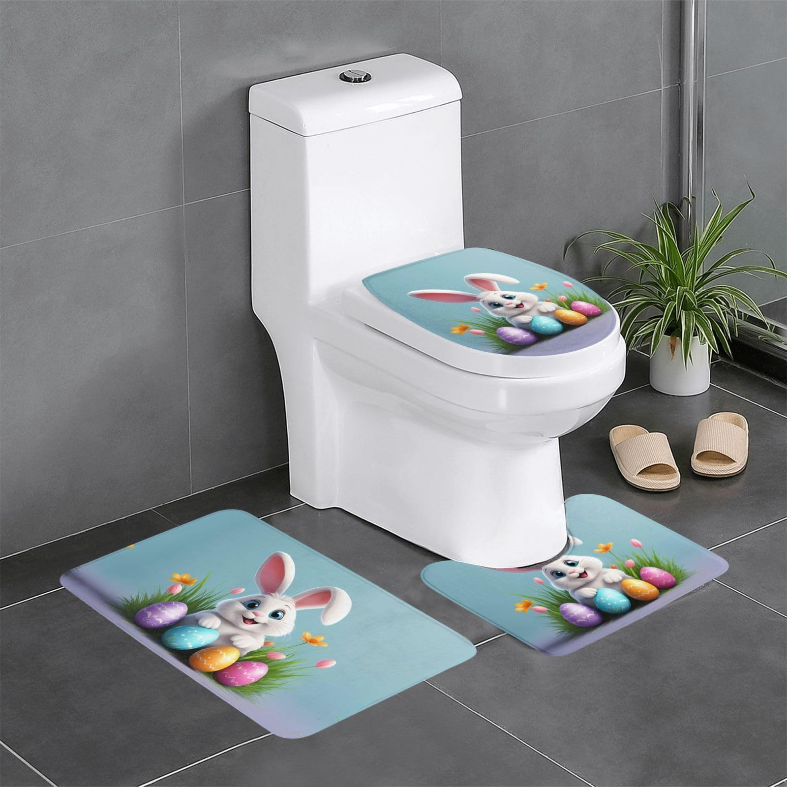 Tapis de salle de bain antidérapants lot de 3 motif queue de lapin et œufs de Pâques
