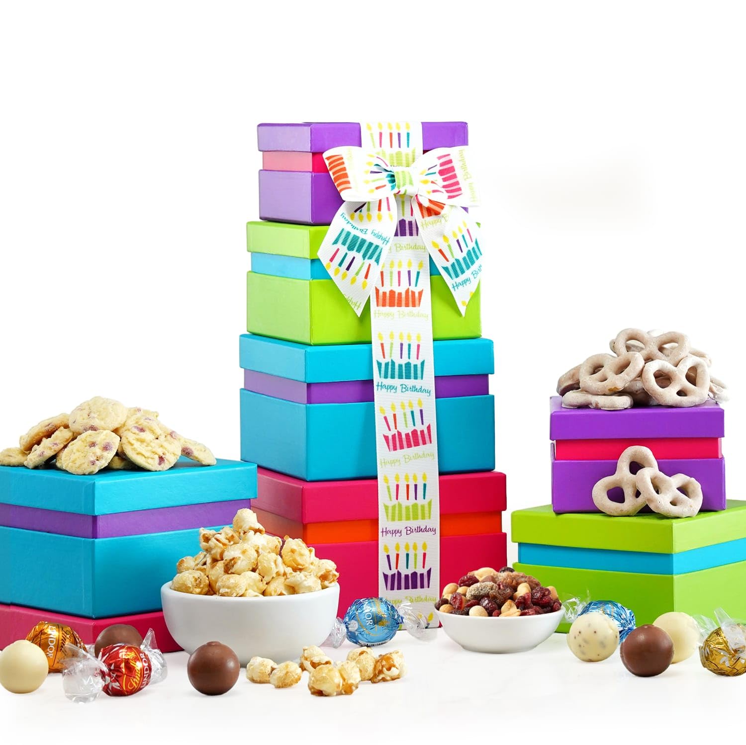 Broadway Basketeers Gourmet Food Gift Basket 4 Box Tower for Birthdays – Curated Snack Box, Sweet and Savory Treats