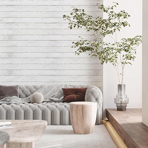 Miniatura 4 de Abyssaly Papel de madera blanco y gris, 35.4 x 196 pulgadas, autoadhesivo, extraíble, despegar y pegar, papel tapiz decorativo para cubrir paredes,
