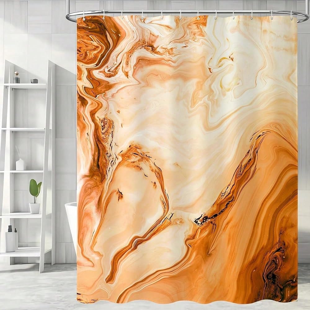 Rideau de douche imperméable avec crochets motif abstrait orange marbré pour grande douche