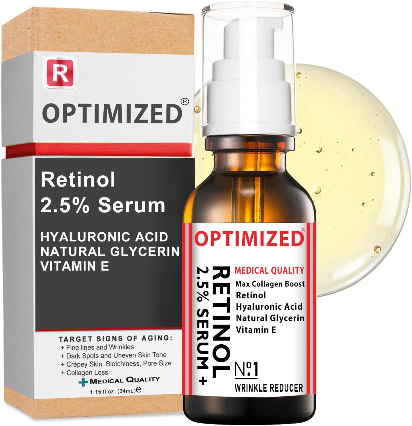 Retinol Serum 2.5% with Hyaluronic Acid, Glycerin, Vitamin E - Reduce Wrinkles, Fine Lines, Even Skin Tone, Sun Spots, Age Spots - Boost Collagen Production 1 fl oz - OPTIMIZED LAB Guaranteed