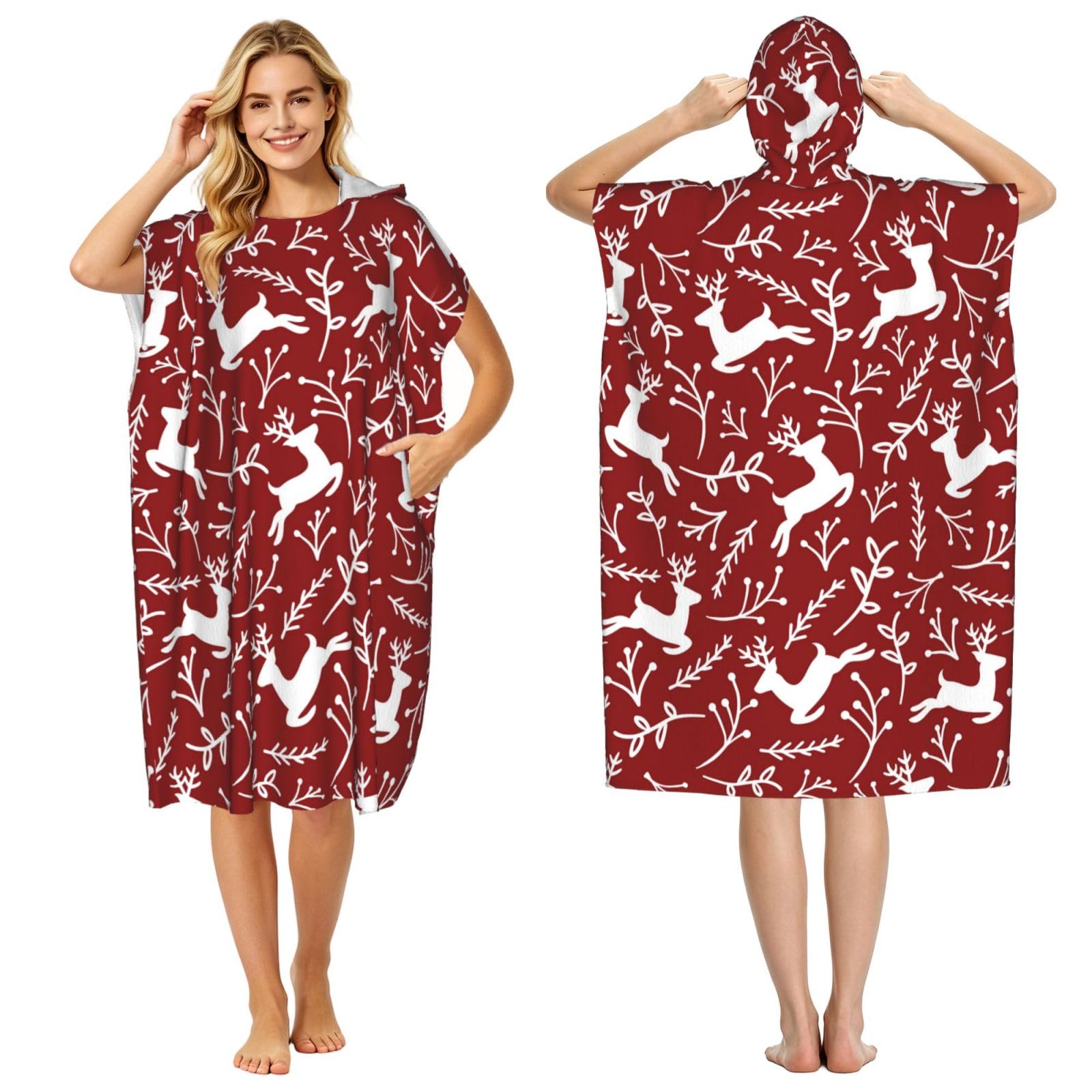 Poadnly Reindeer Christmas, Adult Hooded Beach Towel 90 x 110 cm,Changing Bath Robe, Surf Poncho Towel For Women Men