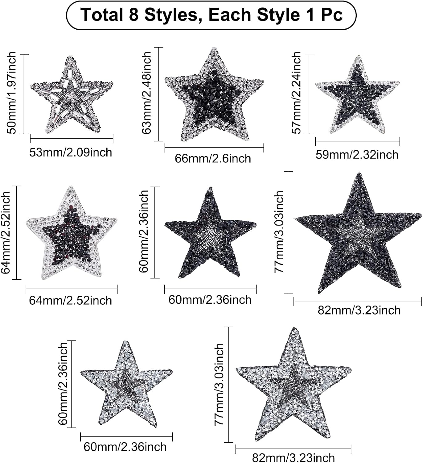 FINGERINSPIRE 8 Pcs Star Shape Rhinestone Applique, Iron/Sew on Applique Patch Black Star Glitter Crystal Diamond Applique for Bags Hats Shirts Clothing DIY Projects