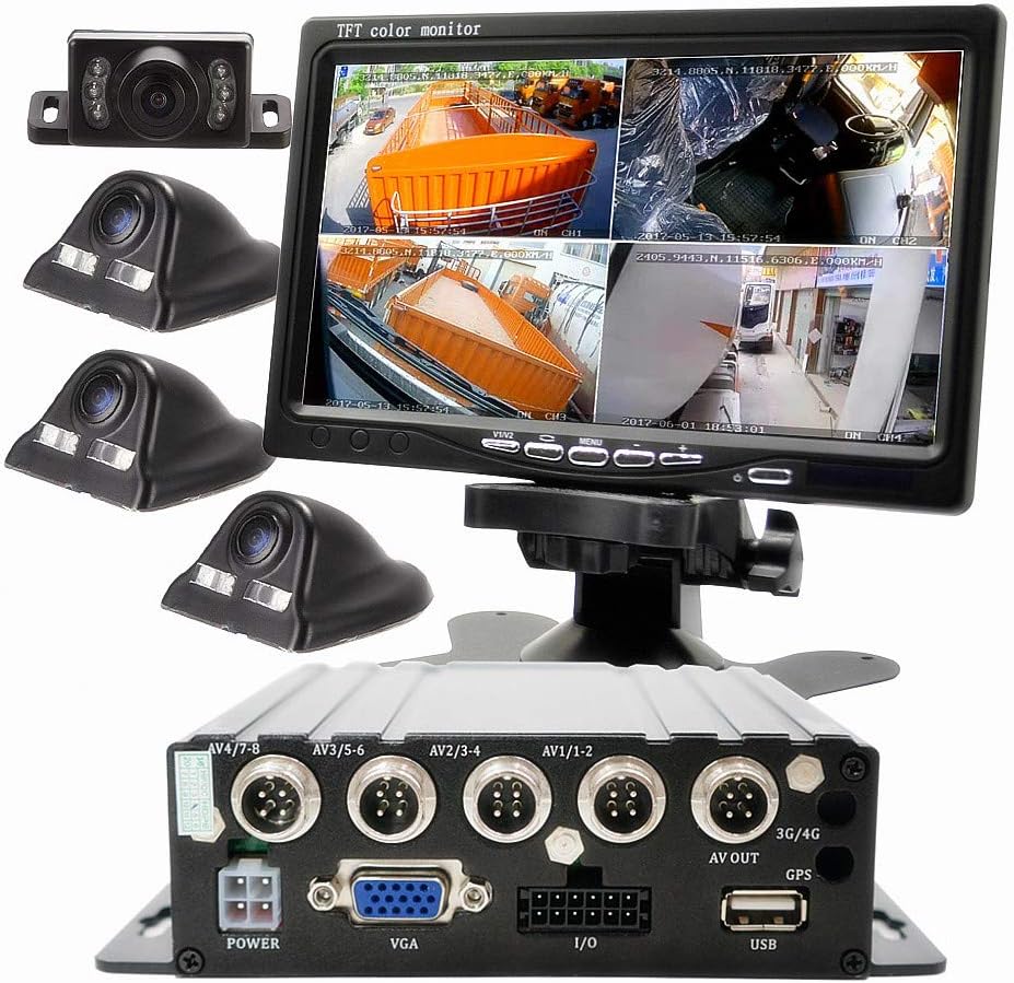 WeniChen 4CH 360° Car Surveillance DVR Kit: 720P MDVR Realtime Video/Audio Recorder with Remote Control + 4pcs Front Side Rear View Waterproof Cameras (Black) + 7" TFT Color LCD Monitor + 4pcs Cables