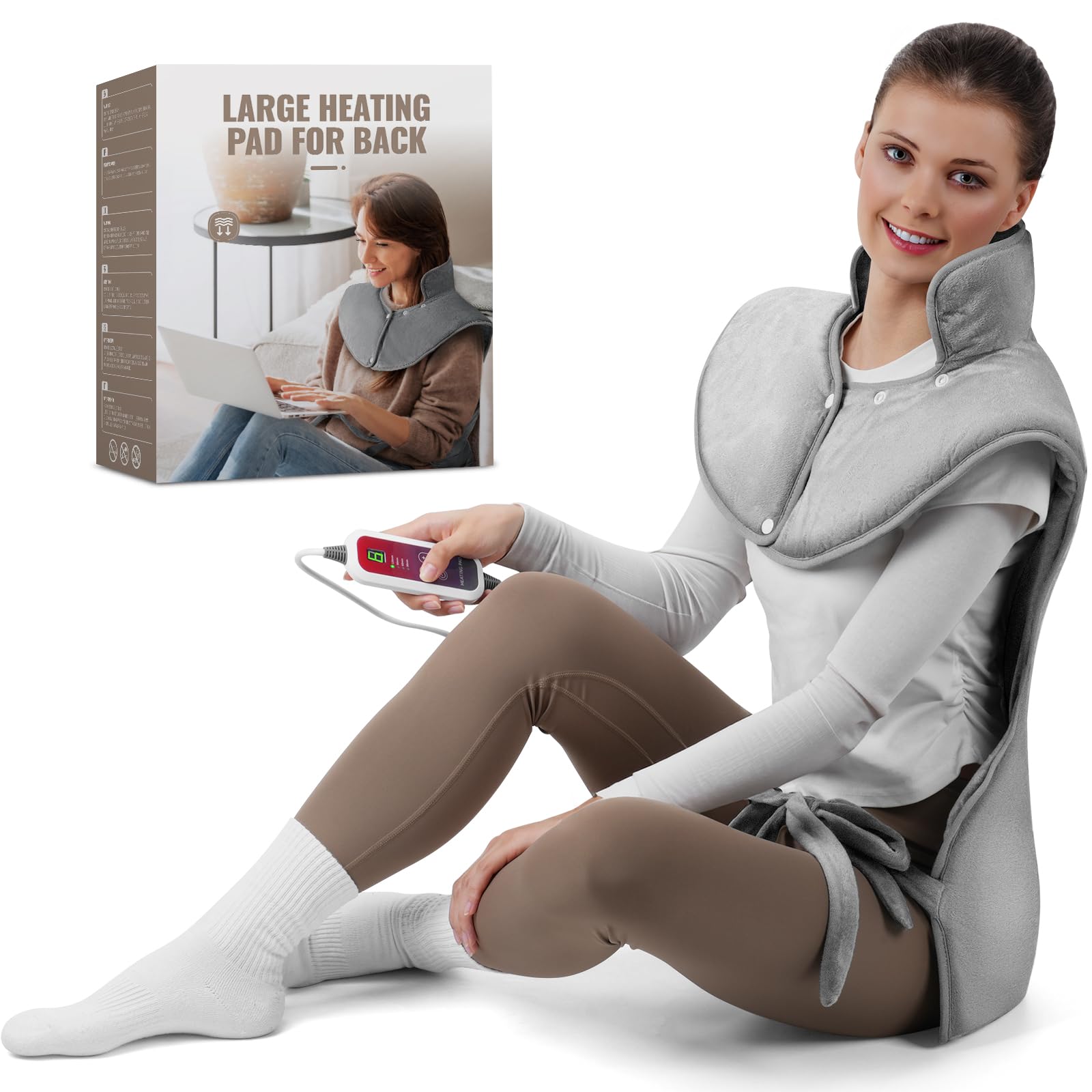 Qfun Manta Electrica Espalda y Cuello, Calentamiento Rápido Almohadilla Electrica Cervical con 6 Niveles de Temperatura y 4 Temporizador, Lavable a Maquina Alfombra Calefactora Lumbar, 100X61cm
