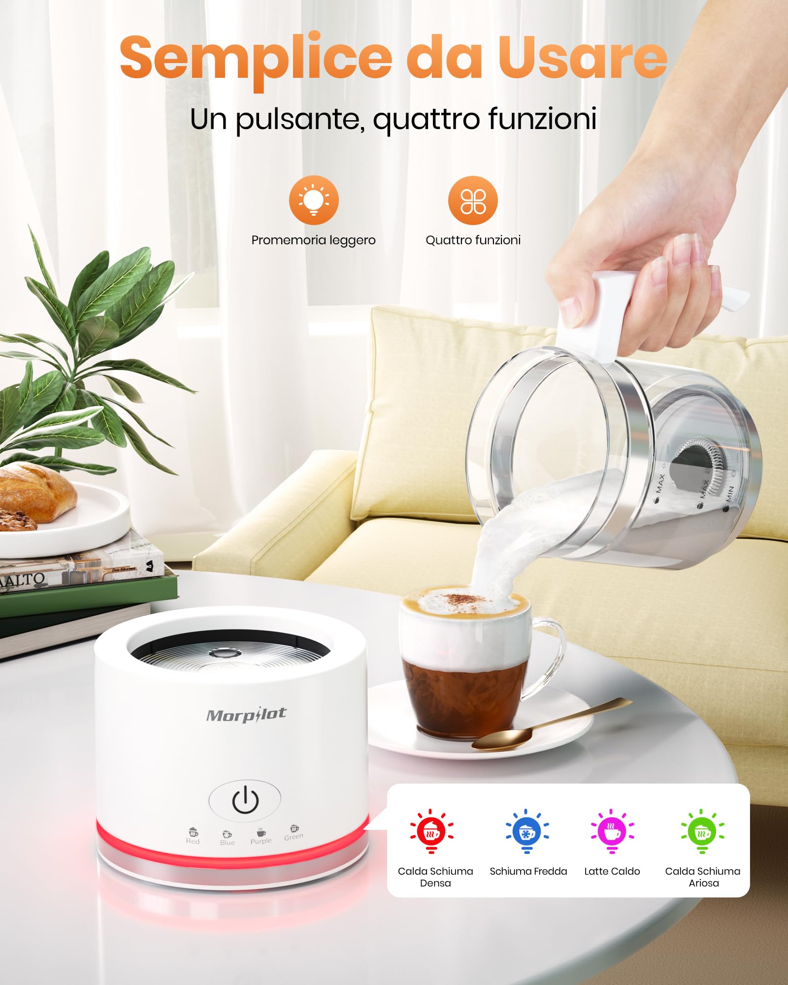 Morpilot Milk Frother, Montalatte Elettrico in Vetro, 4 in 1 Funzione, Bello da Vedere, Capacità 250ml per Schiumare o 500 ml per Riscaldare, Design Diviso, Bianco