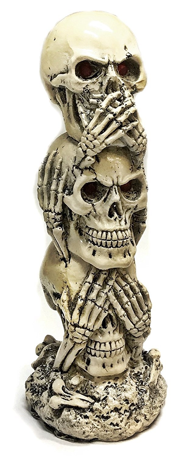 Bellaa 26980 The Hear-no, See-no, Speak-no Evil Skull Statue 7" Tall
