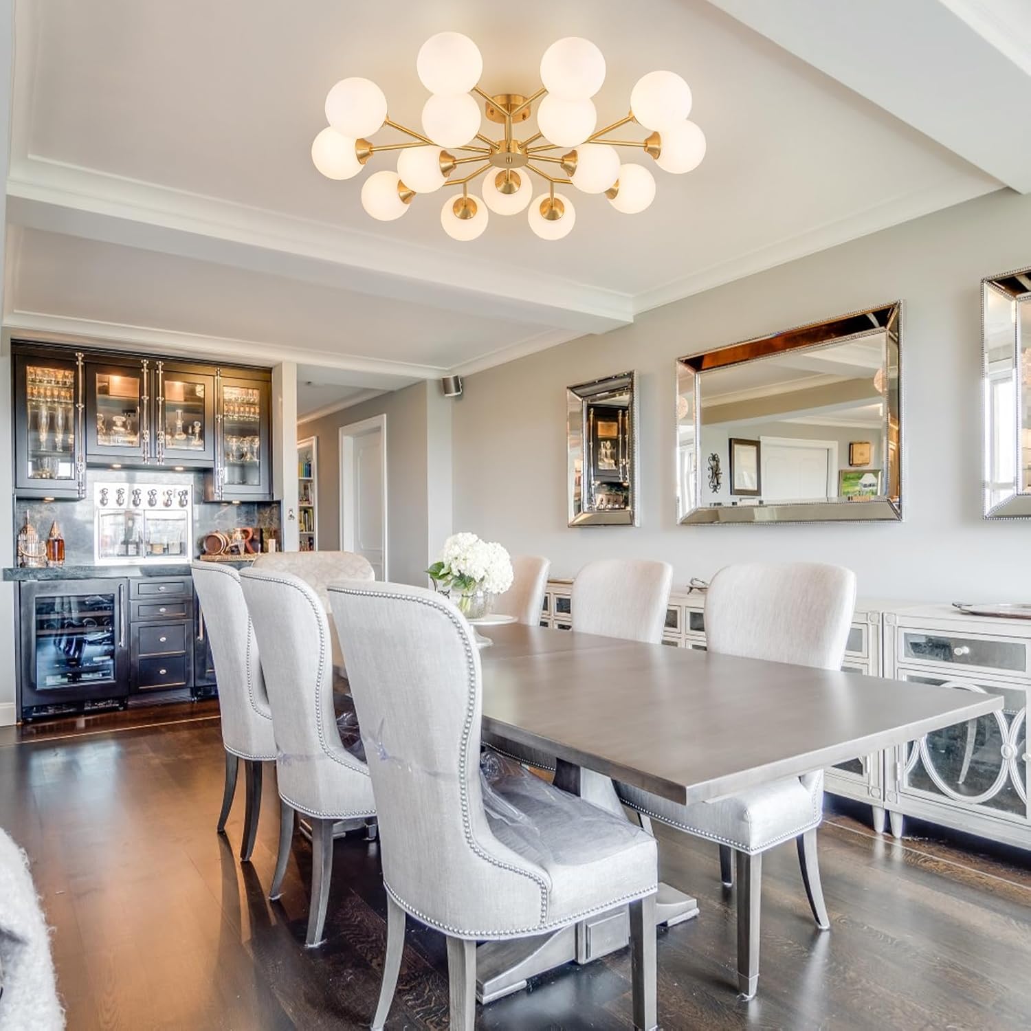 38.5" Semi Flush Mount Ceiling Light, 15-Light Modern Gold Ceiling Light Fixture with Opal Glass Globe, Mid-Century Large Sputnik Chandelier for Living Room Dining Room Hallway