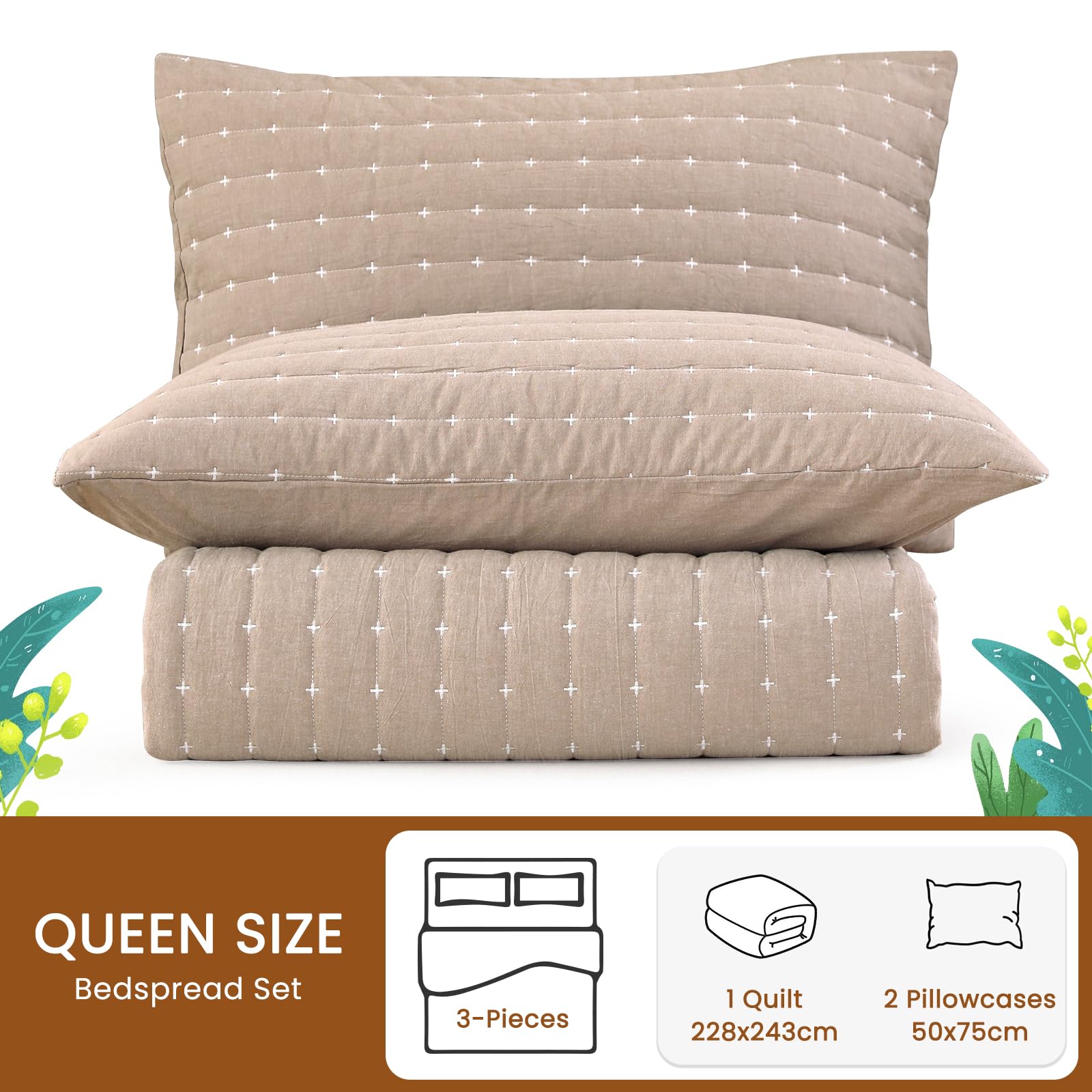 Qucover Colchas Acolchadas Cama 150 Súper Suaves y Cómodas de Algodón Lavado con Patrón Moderno de Punto de Cruz, 3 Piezas Cubrecama de Verano con Fundas de Almohada (Caquí, Cama 150)