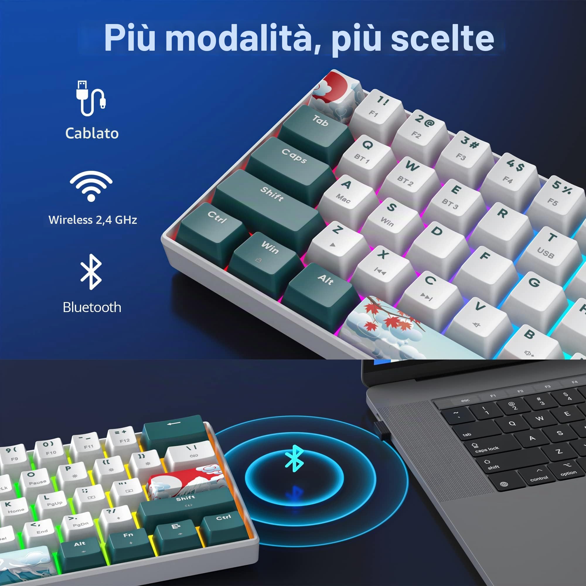 SOLIDEE 60% tastiera meccanica RGB cablata/bluetooth 5.0 tastiera a doppia modalità,tastiera da gioco meccanica retroilluminazione RGB,61 tastie hot swappable keyboard gateron red per PC(GT61 Forest)